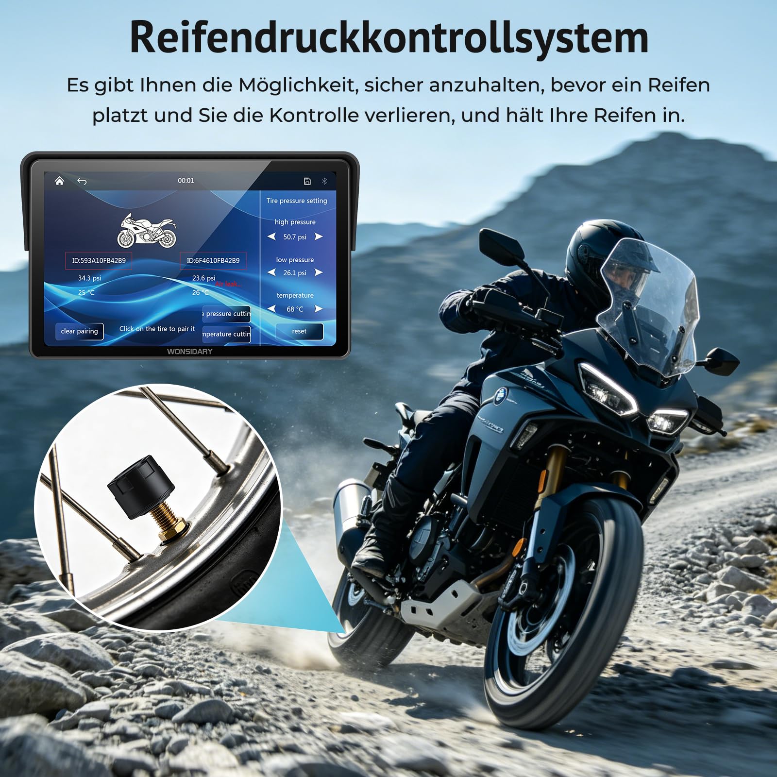 W722TPMS 7 Zoll Motorrad CarPlay Display mit TPMS & Android Auto | Motorrad Navi Display mit IP67 Wasserdichtes ,Dual Bluetooth, Sprachsteuerung, EQ，USB & ACC Anschluss für Motorrad Reisen