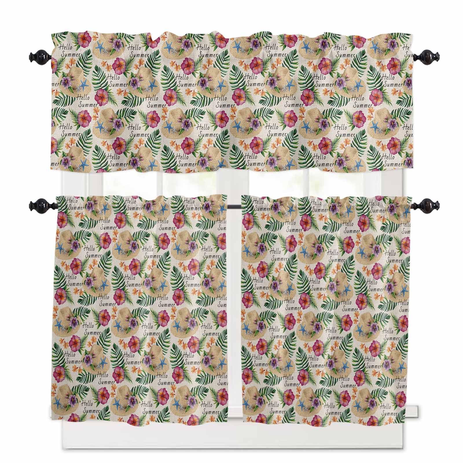 Tropical Summer Kitchen Curtains 36 Inch Length, 3 Piece Rod Pocket Small Half Tiers and Valance Set, Coastal Palm Leaf Flowers Starfish Small Large Window Treatment Decor for Bedroom/Bathroom Sink