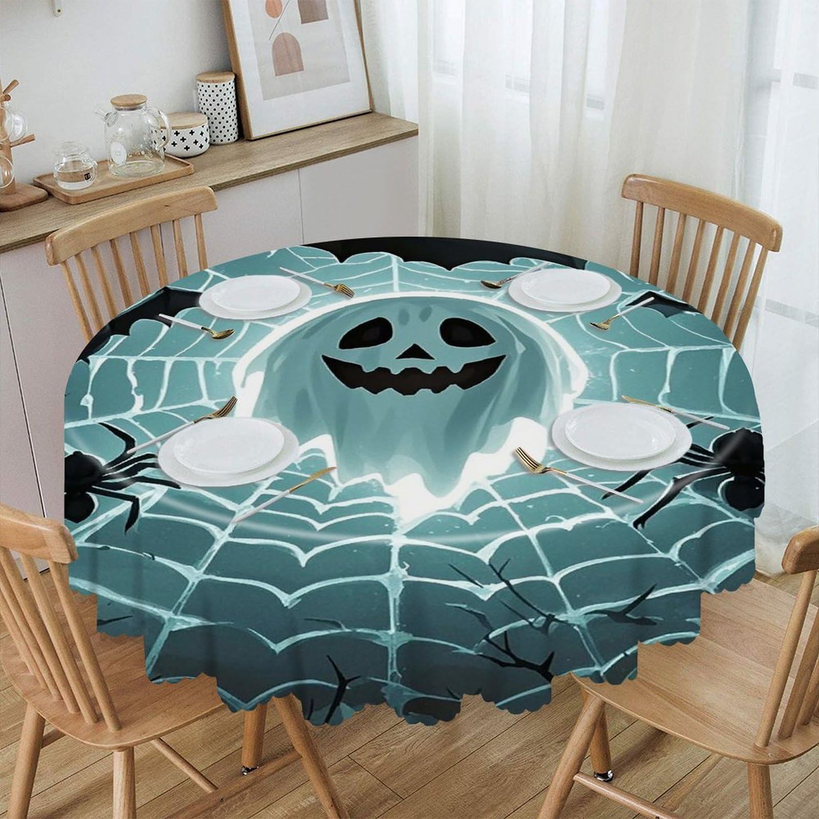 VstaDank Cute Bat Spider Webs Round Tablecloth 60 Inch Easy to Clean Circle Table Cover Thick Decorative Round Polyester Table Cloth for Dining Kitchen Party Farmhouse Outdoor