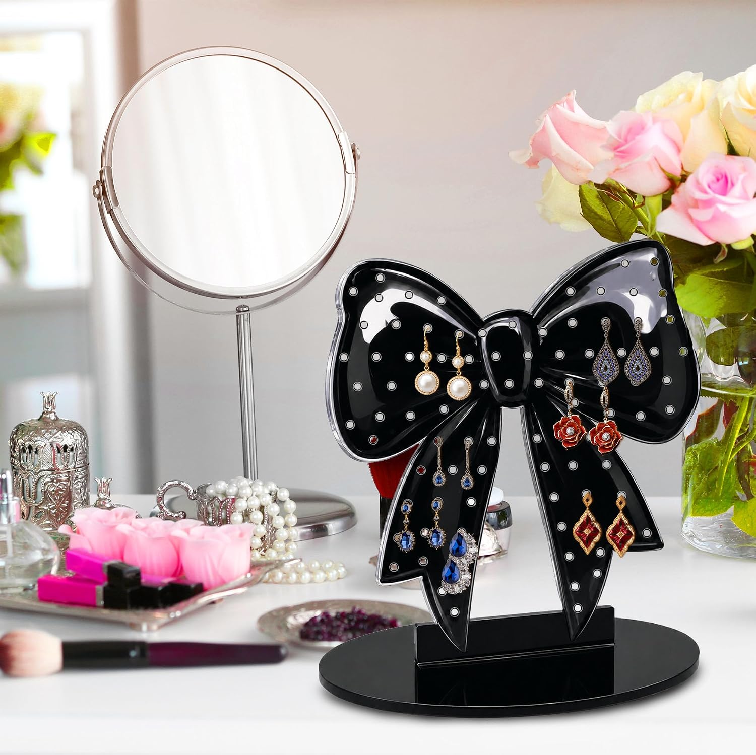 Black Bow Acrylic Earring Organizer with Printed Pattern Solid Base Jewelry Display Stand for Stud Earrings & Pendants Cute Earring Holder for Girls & Women Ideal Gift for Birthday & Festival image 3