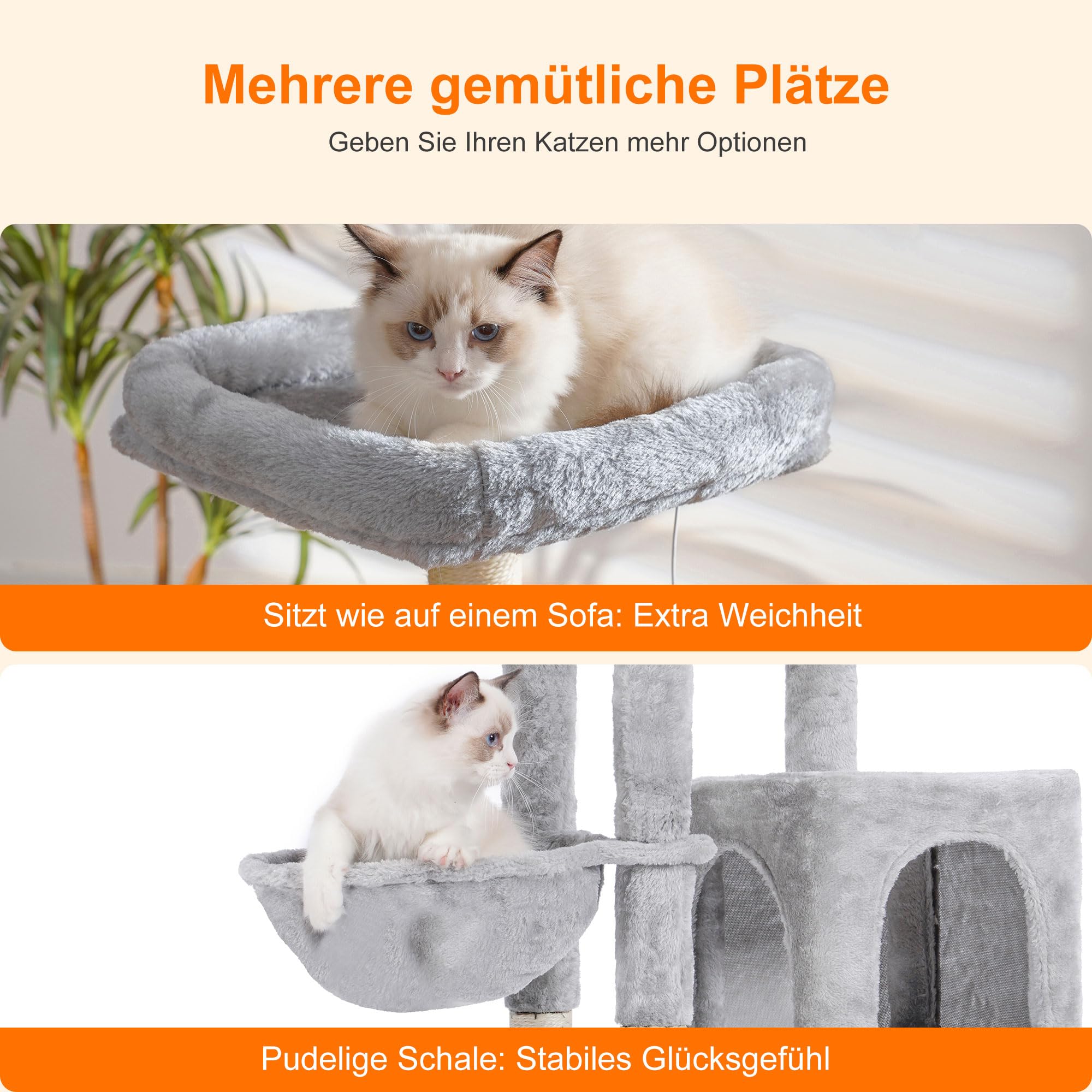 Heybly Kratzbaum mit Katzenbürste, Katzenbaum für Hauskatzen mit Gepolsterter Sitzstange aus Plüsch, Katzenkratzbaum mit Korb, Kratzbrett und Kratzbaum, Hellgrau HCT005SW