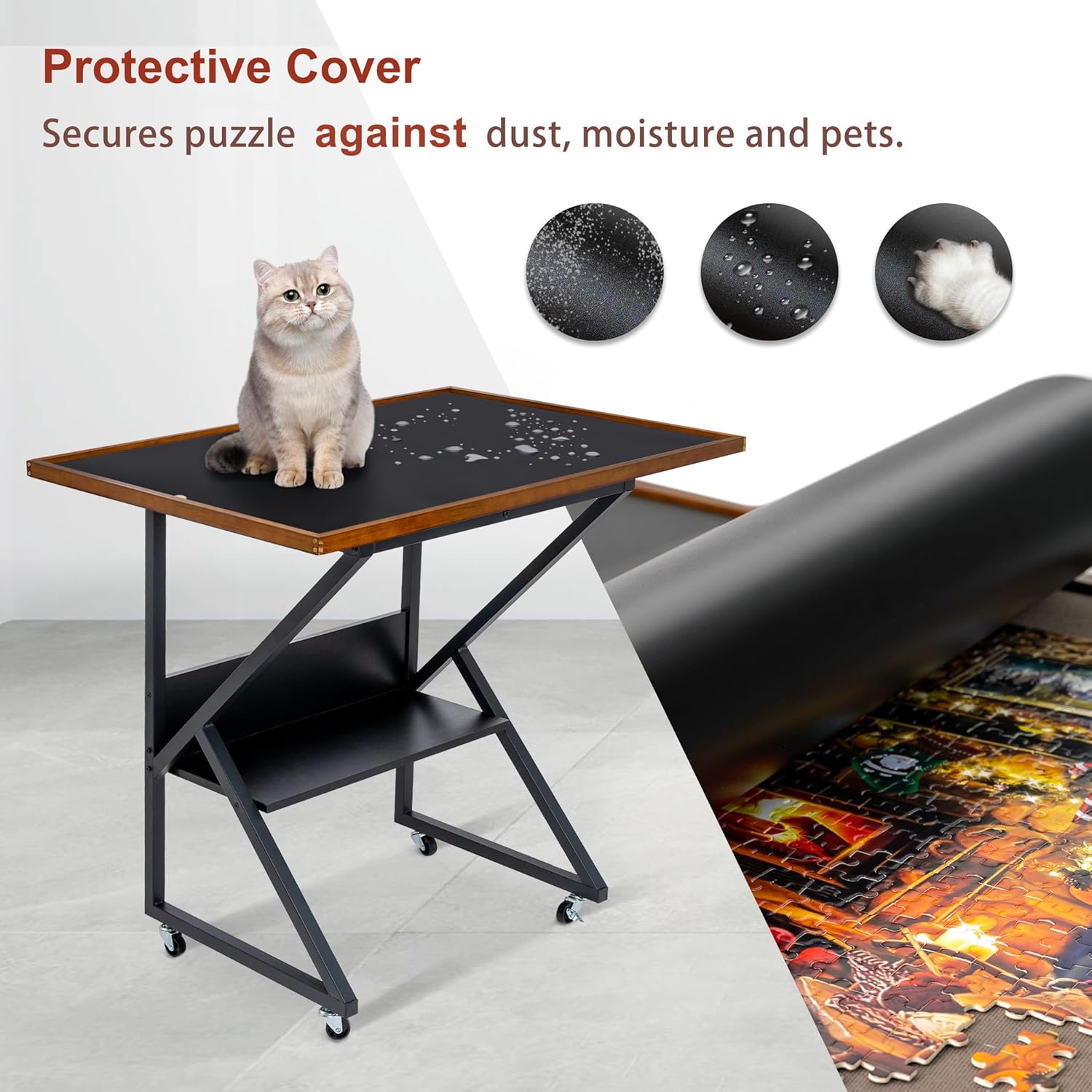 LAVIEVERT Jigsaw Puzzle Table with Cover and Angle & Height Adjustment, Detachable Double-Sided Puzzle Board with Auxiliary Line, Tilting Table with Storage Shelf & 4 Casters for Up to 1500 Pieces