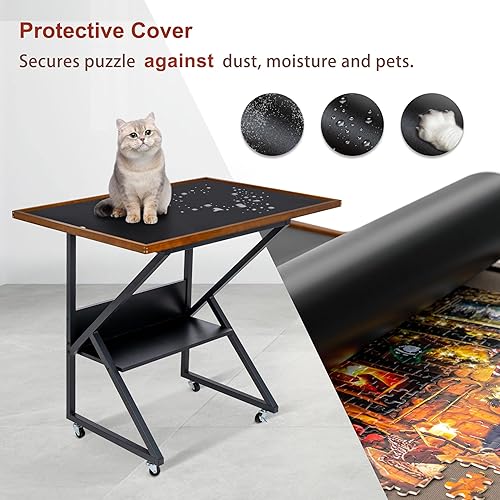 Miniatura 5 de LAVIEVERT Mesa de rompecabezas con cubierta y ajuste de ángulo y altura, tablero de rompecabezas desmontable de doble cara con línea auxiliar, mesa