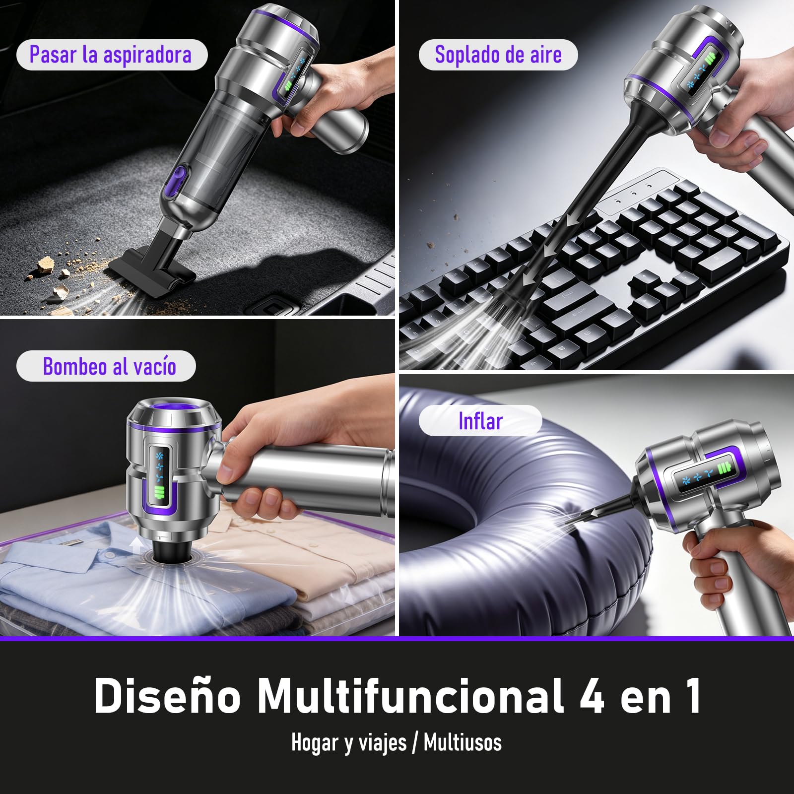 Aspiradora de Mano, 28000Pa Aspiradora sin Cable con Pantalla, 4-en-1 Aspiradora para Coche y 1 Toque, Auto-Aspirador con Motor sin Escobillas y 3 Velocidades para Casa/Oficina/Coche/Pelos, Plateado