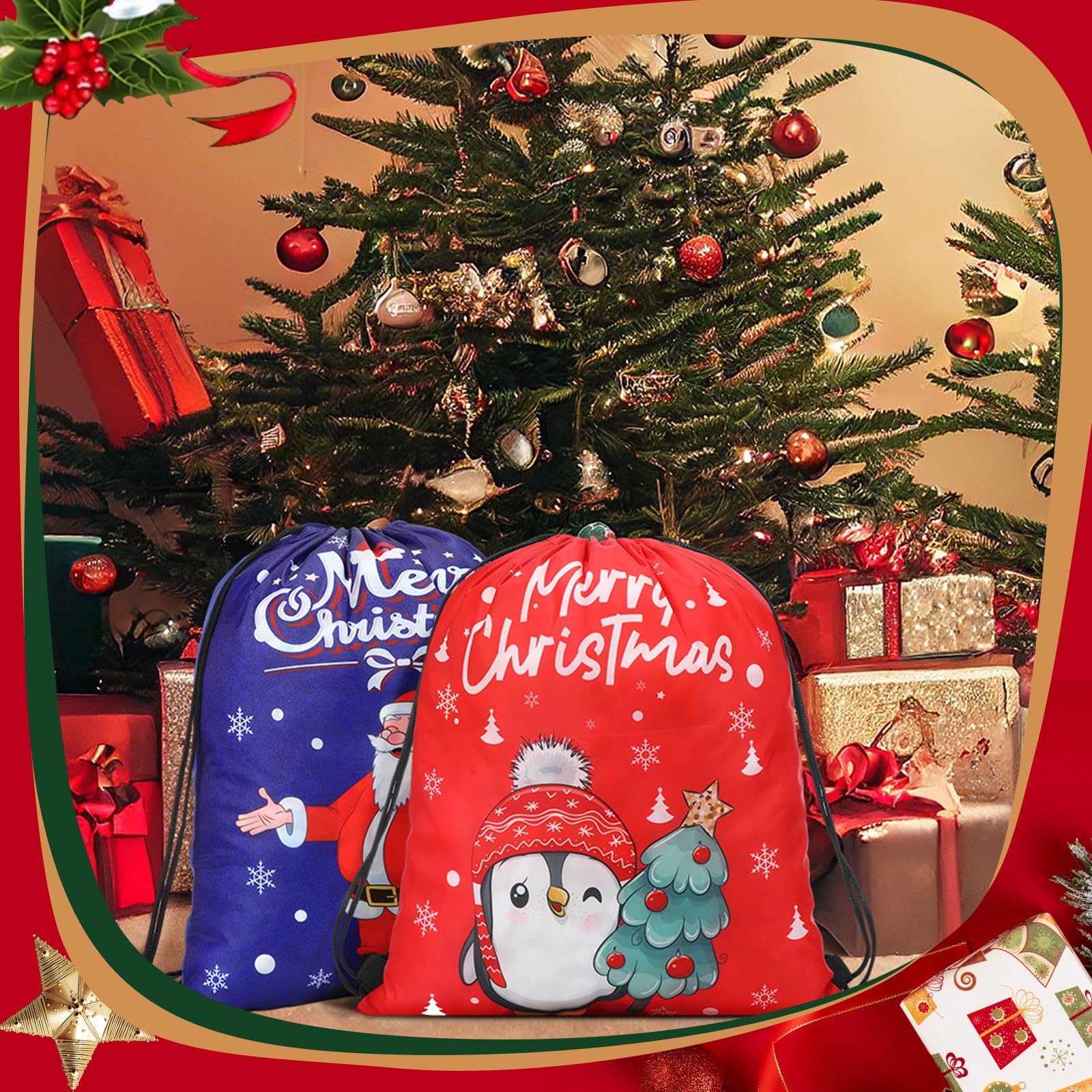 Abbylike 48 bolsas de regalo de Navidad con cordón, bolsas de regalo a granel de 13 x 15.7 pulgadas, Navidad, Papá Noel, muñeco de nieve, árbol de invierno, bolsas de regalo para niños, vacaciones