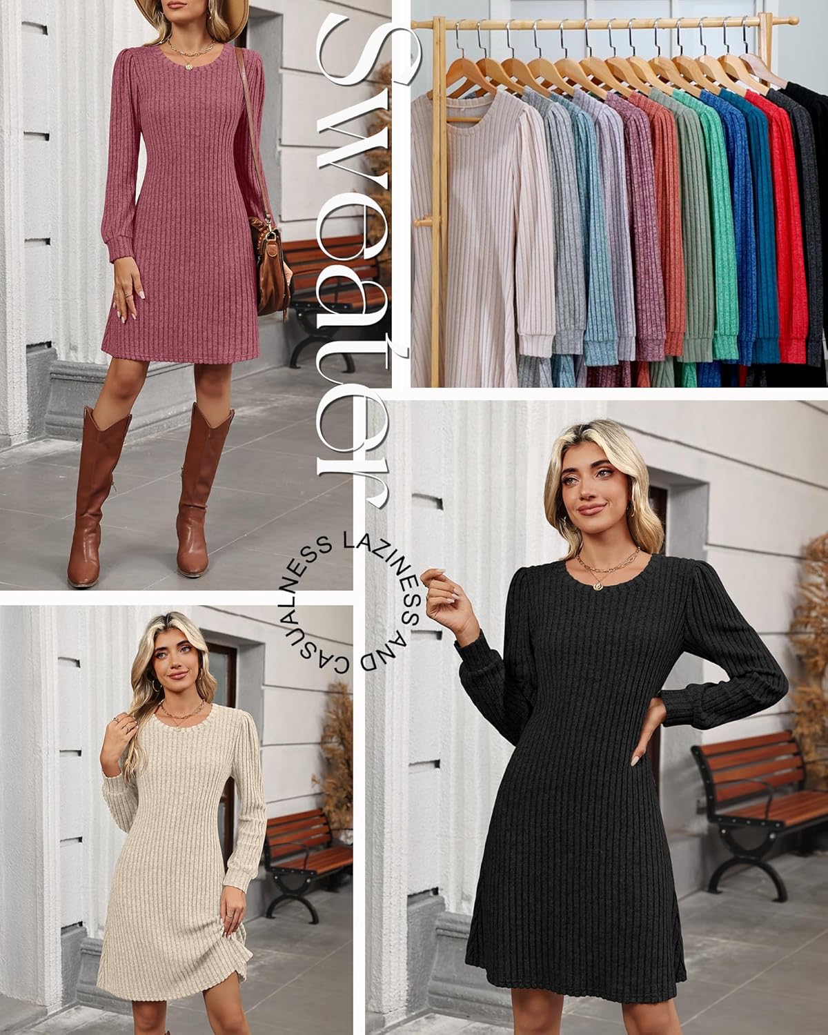3 Pack Women's Long Sleeve Sweater Dress Ribbed Knit Crew Neck Tunic Dresses 2025 Fall Casual Trendy Outfits - Image 6