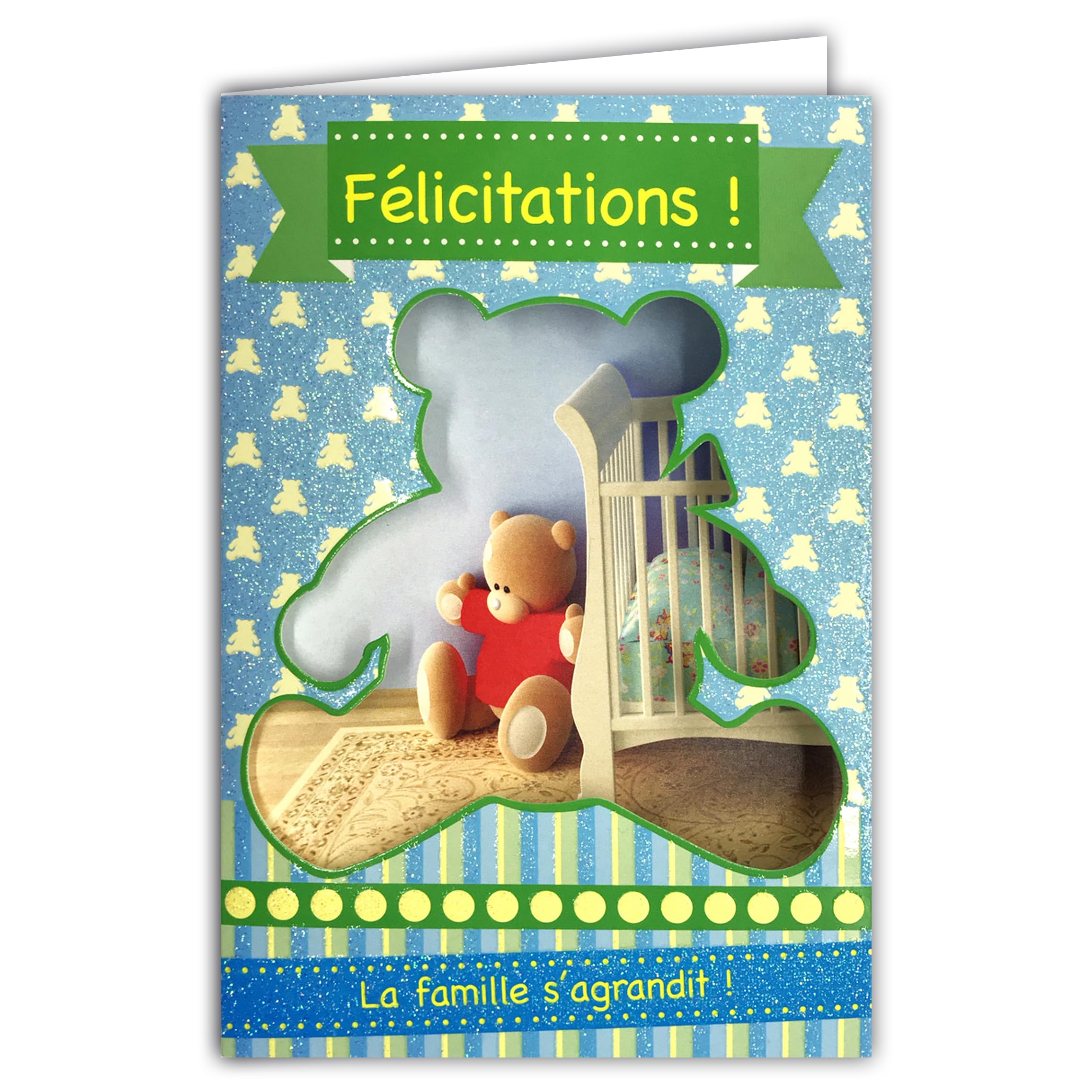 AFIE Congratulations Card for Birth or Adoption Baby Boy with Glitter and Blue Envelope 12 x 17.5 cm The Family Grows and Perforation Cut Out Teddy Bear 66-1017-A