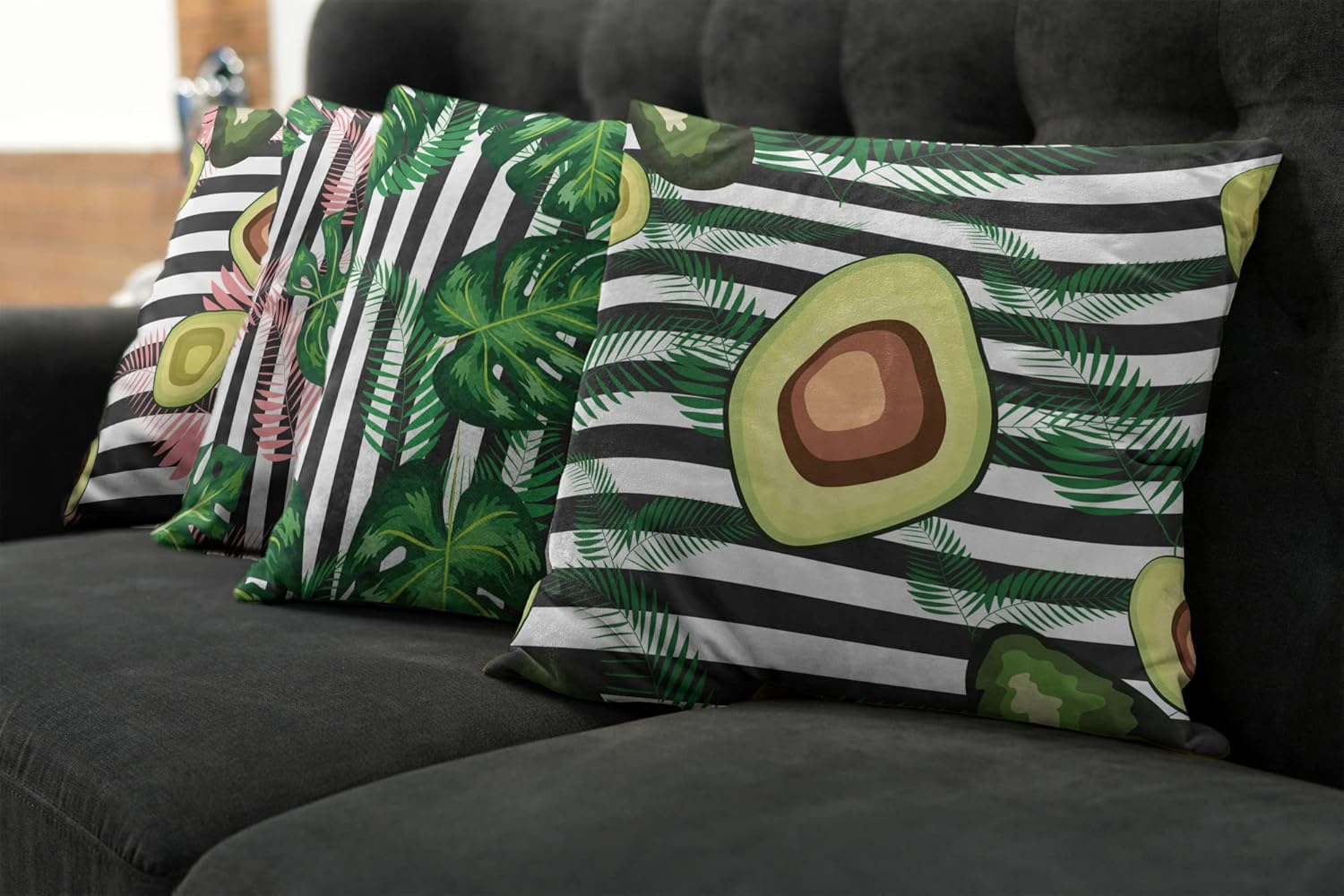 Ambesonne Exotic Throw Pillow Cushion Case Pack of 4, Modern Themed Floral Pattern of Avocado Monstera Leaves on Stripes, Modern Accent Double-Sided Digital Printing, 18", Green Dark Grey and Blush