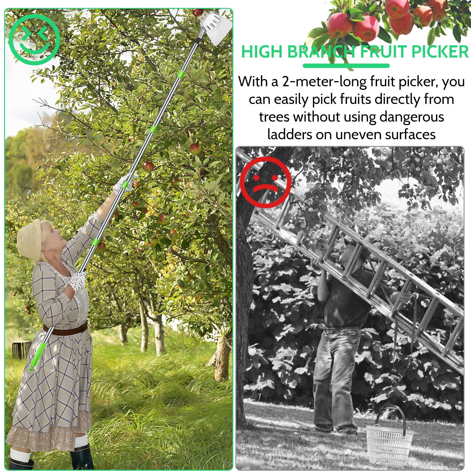 Raccogli Frutta con palo in Acciaio Inox Leggero,2m Raccoglitore di Frutta,raccogli Ciliegie telescopico,raccogli Frutta telescopico,attrezzo raccogli per Raccolta Mele-agrumi-pere-pesche