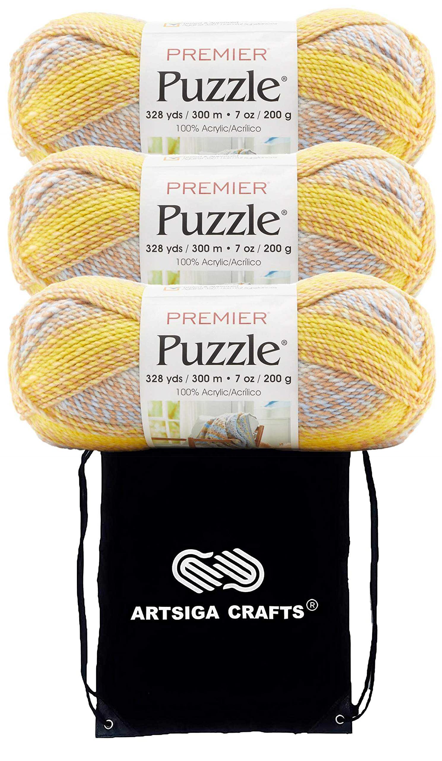 Premier YarnsPuzzle Sunny Sky 1050-47 (3-Skein) Same Dyelot Chunky Bulky #5 Soft Knitting Yarn 100% Acrylic Bundle with 1 Artsiga Craft Bag