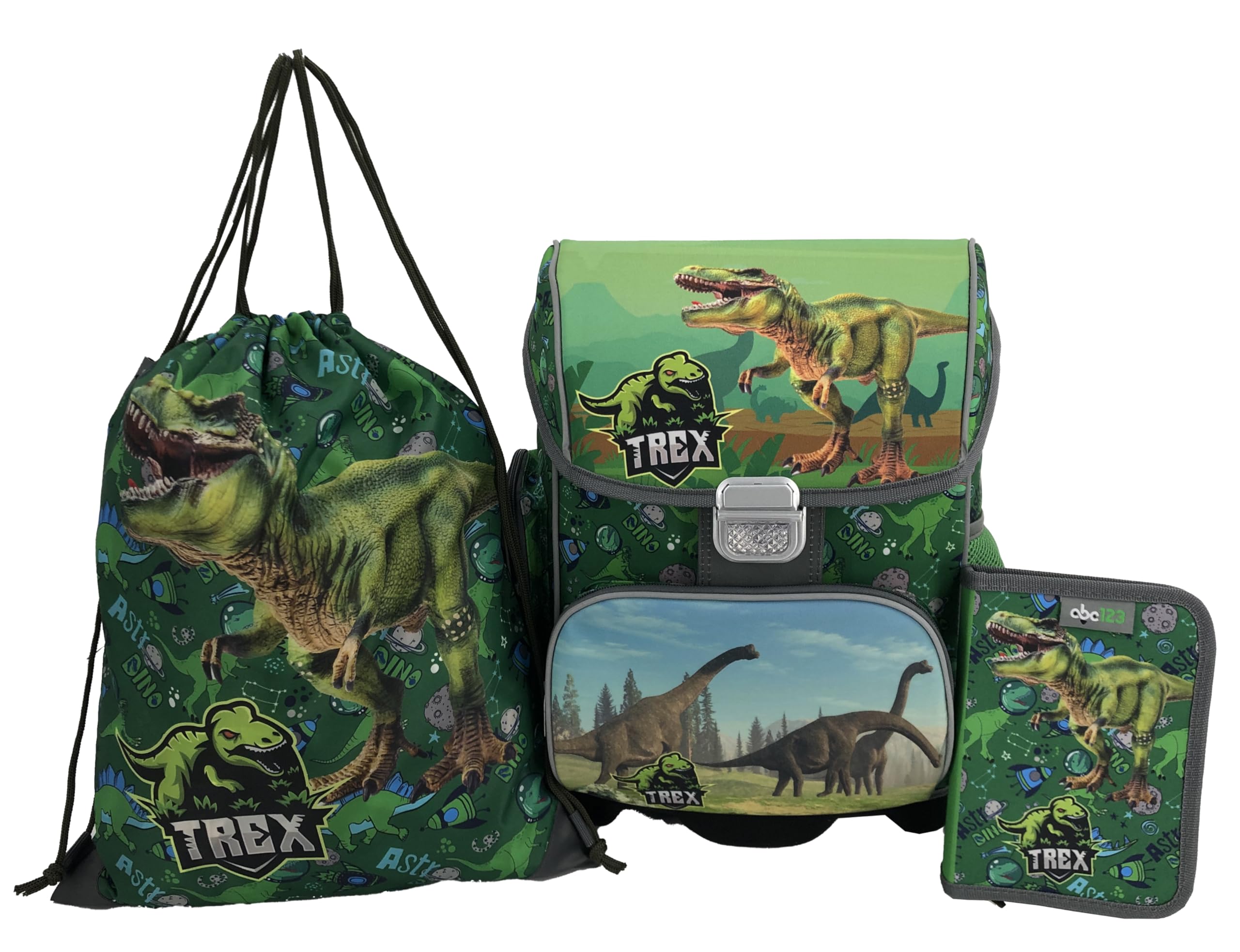 DINO DINOSAURIER SCHULRANZEN SET 1 KLASSE | SET 3 TEILIG FÜR GRUNDSCHULE | LEICHT | ERGONOMISCH und ANATOMISCH | FEDERMÄPPCHEN SPORTBEUTEL