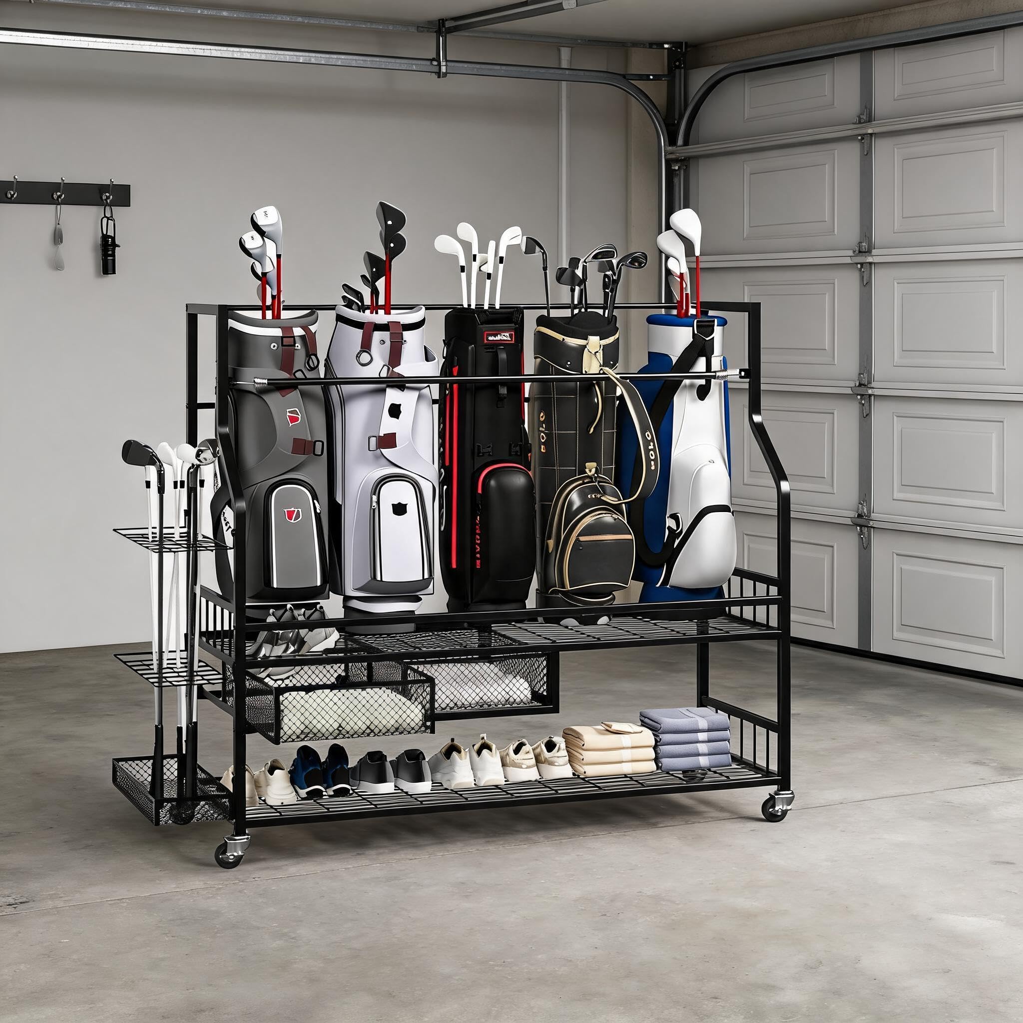 Koioplie Extra Large Golf Bag Storage Rack with Wheels and Drawer – Portable Club Organizer & Holder for Garage – Fits Clubs, Balls & Accessories – Durable Golf Equipment Cart, Size: 146×40×113CM