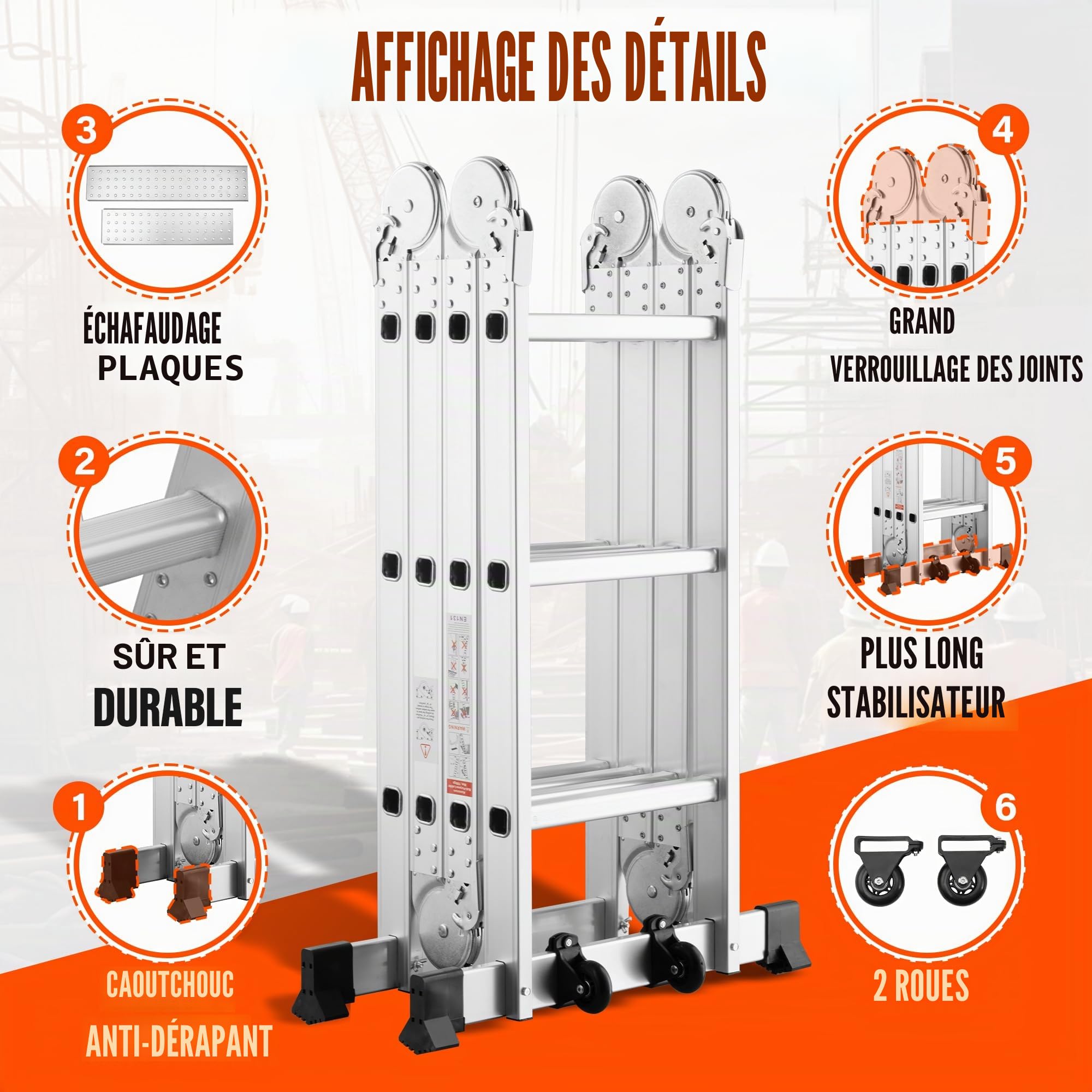 TEENO Échelle Multifonction 7 en 1, 3.6 M, 4x3 marches, Échelle Pliante en Aluminium avec 2 Plateformes, Pieds en Caoutchouc, 2 Roues Amovibles, 12 échelons, Charge Max 150 kg, Argenté
