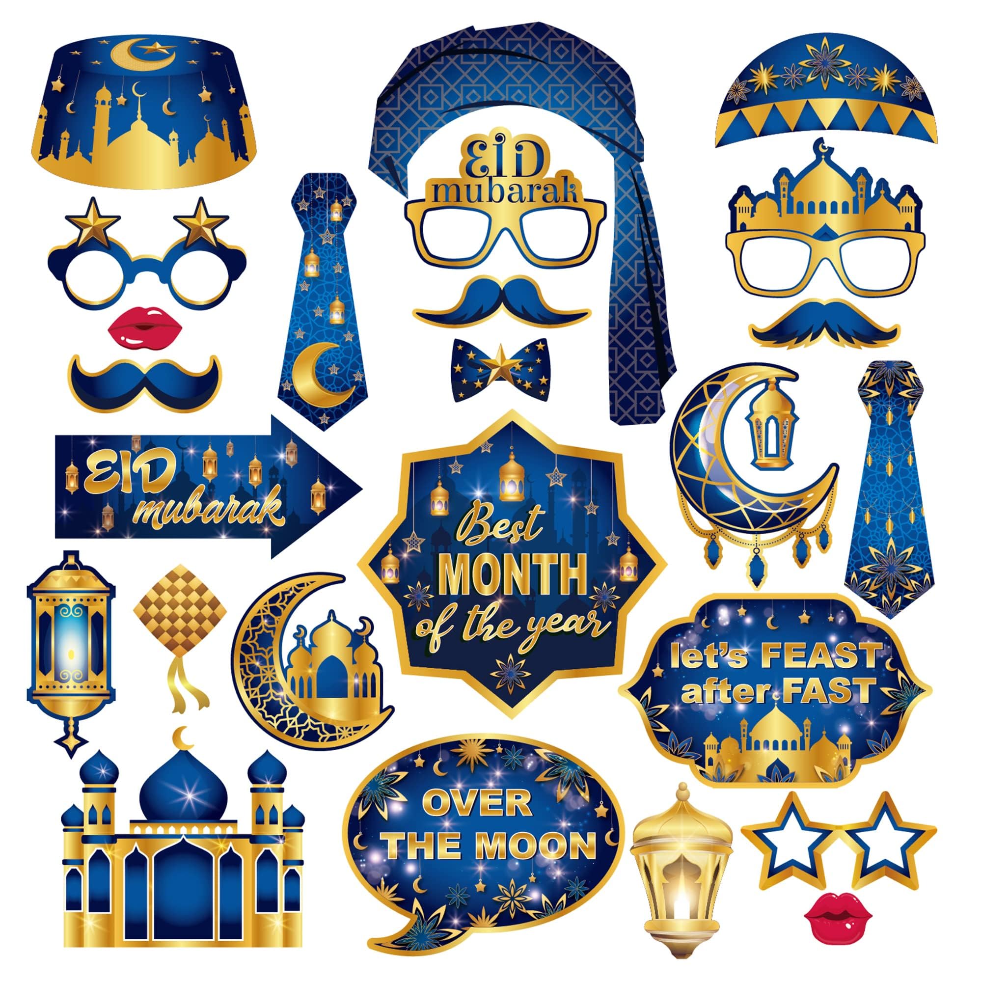 Chielor 25pcs Eid Mubarak Patterns Photo Booth Props Ramadan Eid Al-Fitr Patterns Party Decorations Party Favor for Eid Mubarak Islamic Birthday Party Essentials (Blue)