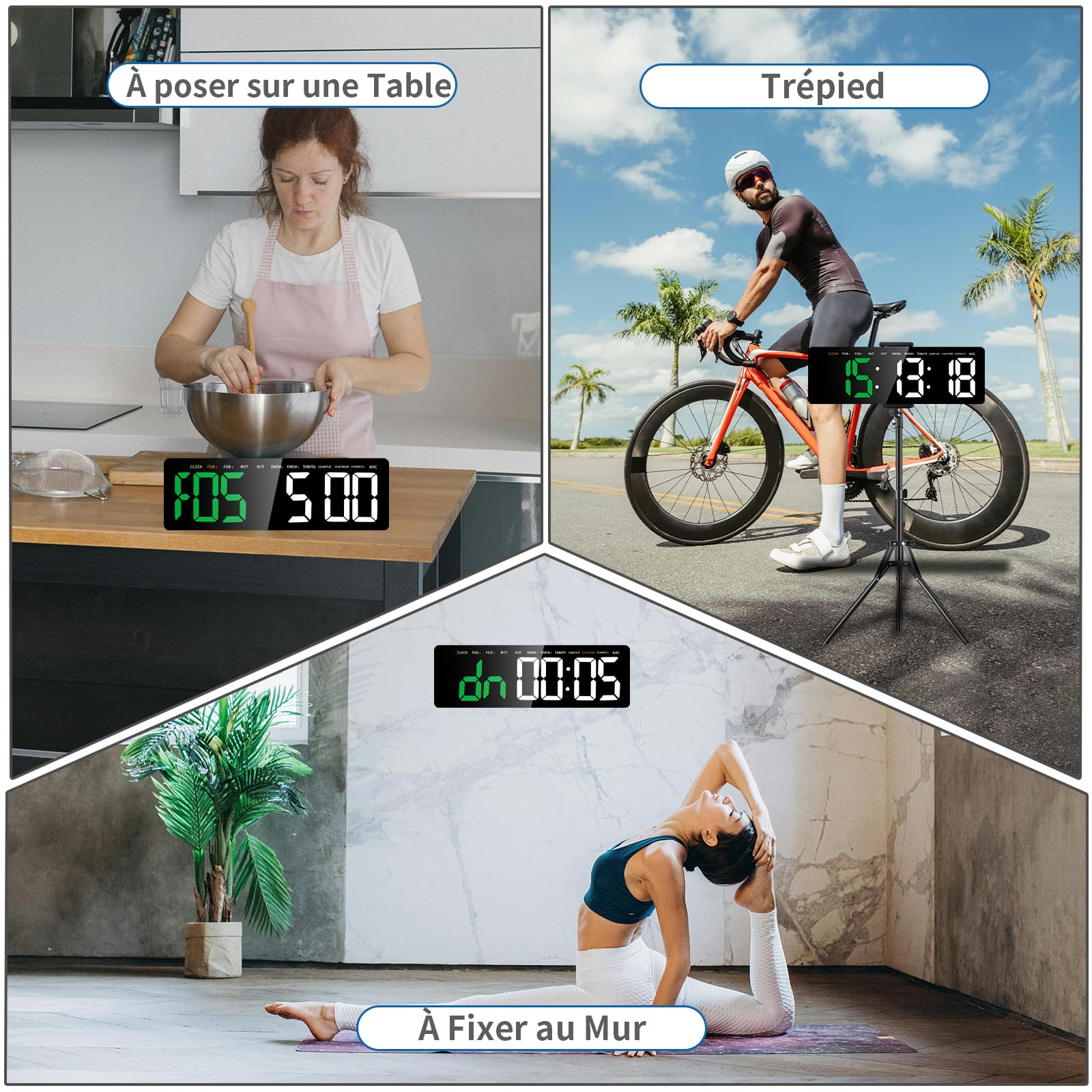 Timer Sport, Minuteur Fitness 16" Grand Ecran Time, 12/24 Heures Horloge Murale Numérique LED avec Support, Chronomètre avec Télécommande, Timer pour pour Workout, Home Gym(Vert+Blanc)