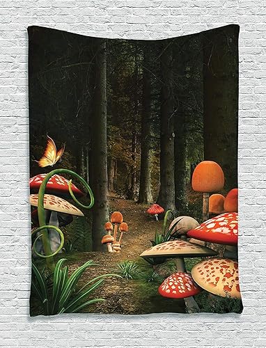 Ambesonne Tapiz de hongos, hongos en bosque oscuro profundo, fantasía natural, camino de la tierra, colgante de pared para dormitorio, sala de