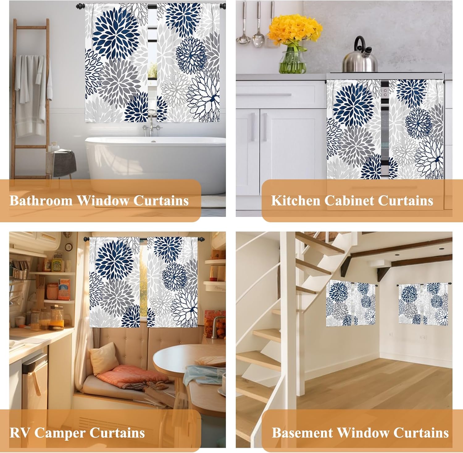 Renaiss 26 x 45 Inch Blue Navy Grey Floral Kitchen Curtains Camellia Chrysanthemum Printed Flowers Curtains Rod Pocket Back Tab Linen Small Bathroom Curtains Window Treatment Tiers Drapes 2 Panels
