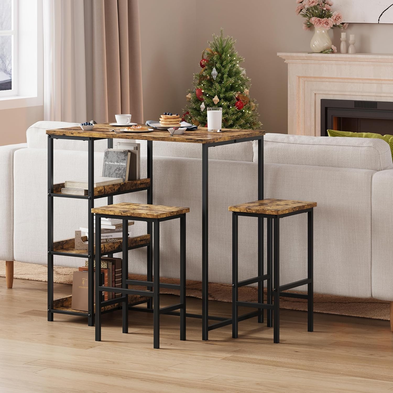 Dining Table Set for 3, 36" Kitchen Table and 2 Stools, Dining Table with Metal Frame & Storage Shelves, 3-Piece Modern Functional Desk Set for Dinette, Small Space, Apartment, Restaurant, Grey