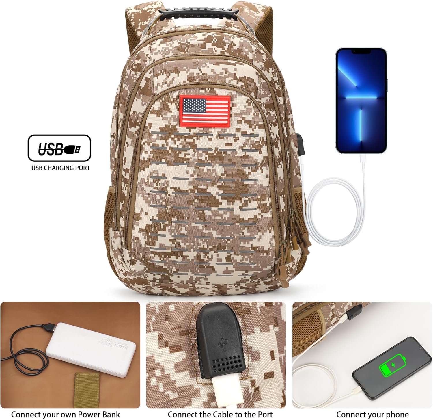 Camo Backpack,Small Tactical Backpack for outdoor,Military Teen Boys Backpacks for School with USB Charging Port,40L - Image 3