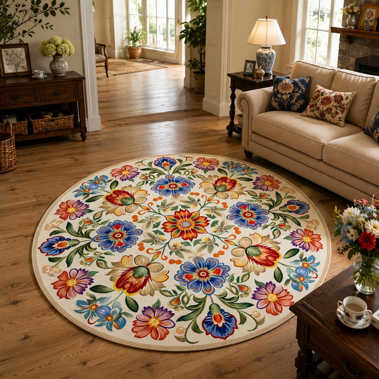 Tapis rond de 100 cm pour réchauffer l'ambiance d'une chambre d'amis fraîche