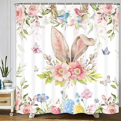 Miniatura 3 de Ikfashoni Cortina de ducha de Pascua, cortina de baño de conejo con 12 ganchos, cortinas de ducha de mariposa de primavera, cortinas de ducha de