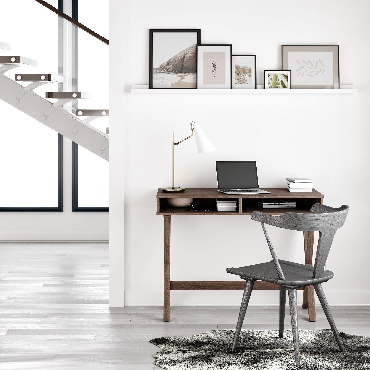 Nathan James Kalos Home Office Computer Desk or Makeup Vanity Table, Wire-Brushed Gray Wash Rubberwood