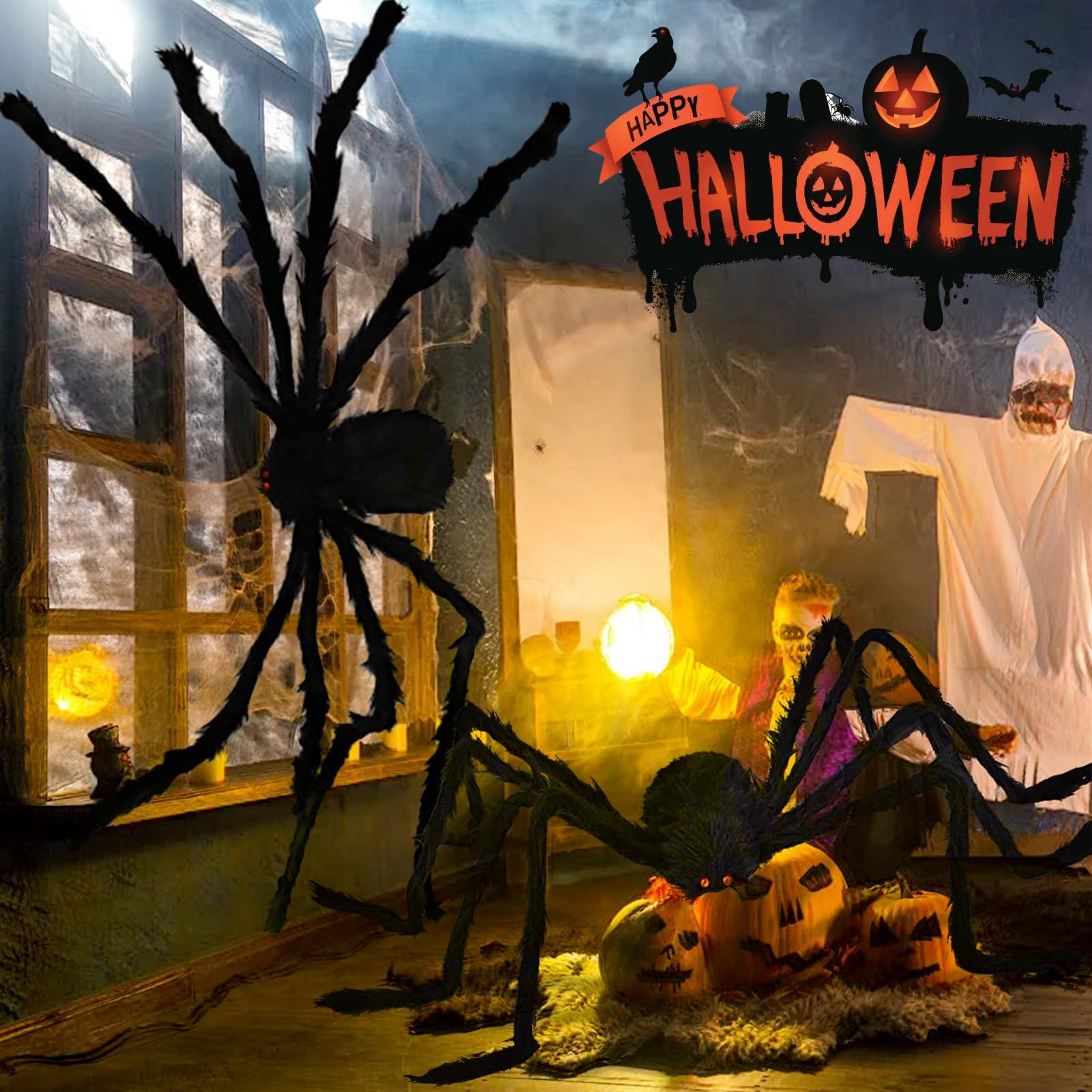 Decorazioni da giardino con ragno peloso di Halloween, ragno gigante spaventoso, grandi oggetti di scena finti, ragna triangolare con gancio, decorazione da cortile di Halloween