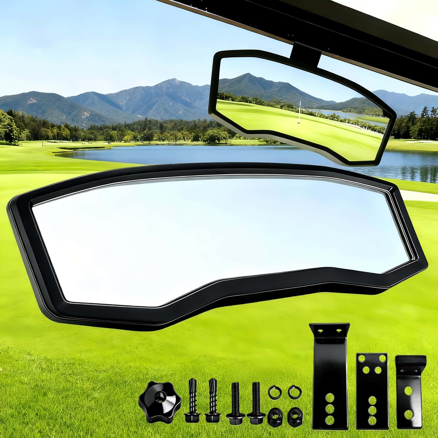 Golf Cart Rear View Mirror - Universal Racing Style Mirror with 3 Installation Kits & 360° Adjustable Ball Joint, Wide-Angle Clear HD Glass, Fits EZGO, Yamaha, Club Car, EPIC Golf Carts