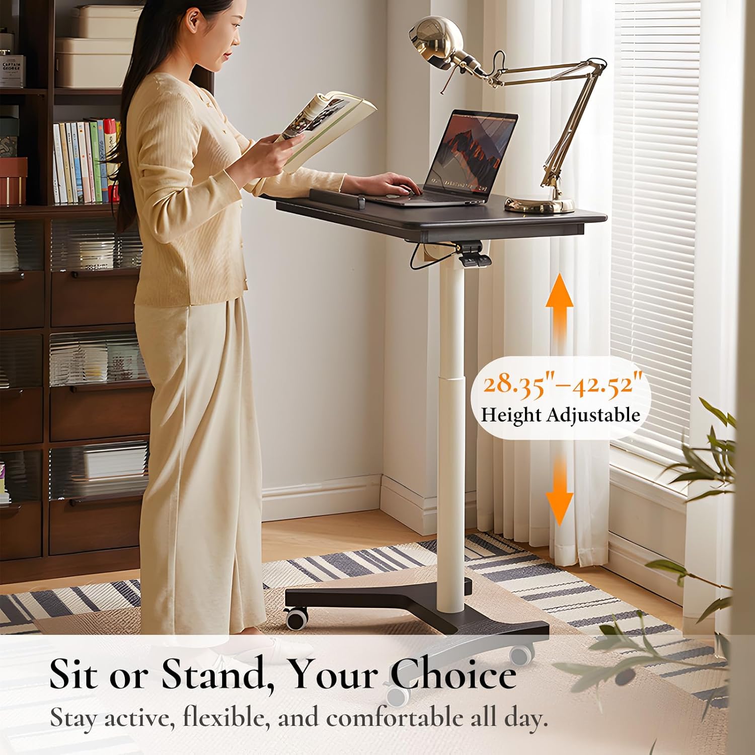 Adjustable Computer Desk, Solid Wood Folding Desk with Wheels, Mobile Home Office Laptop Table, Sit Stand Workstation, Rolling Desk, 28.35-42.52 H x 31.5 W x 19.69 D Inches, Black