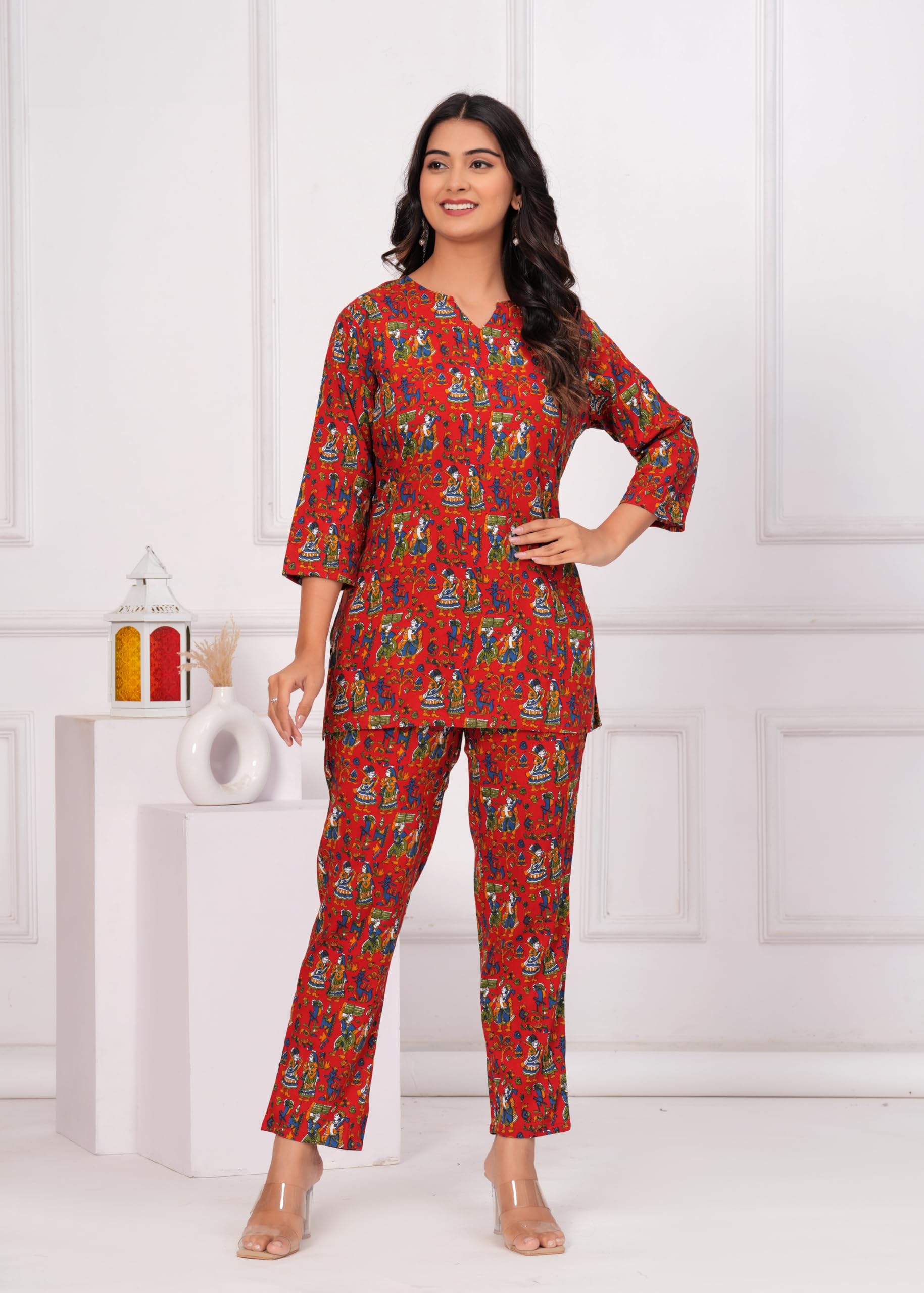 Jikonet Women Cotton Printed Co-Ord Set Kurta Set With Pant Set (Maroon, X-Small)