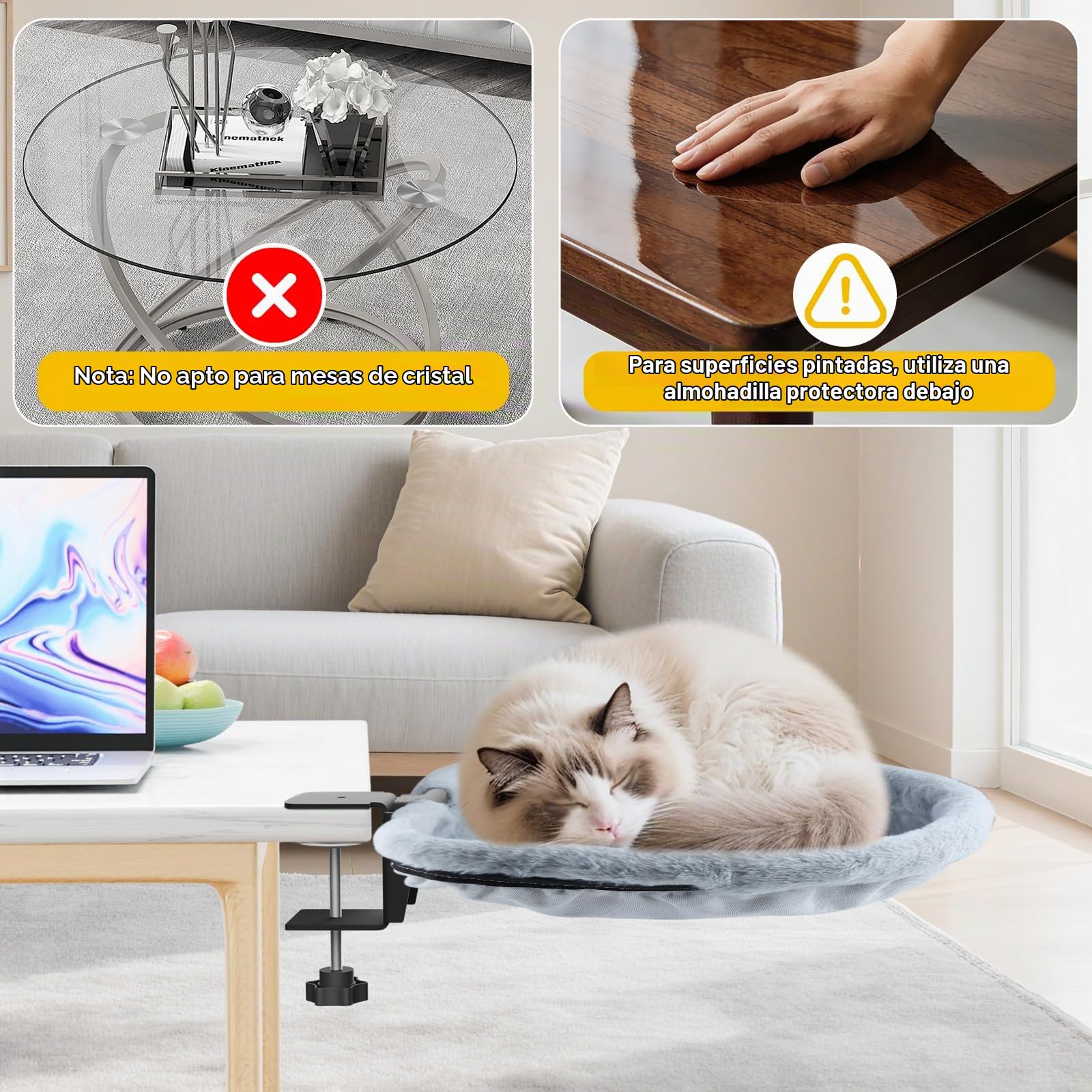 Cama de Escritorio para Gato Semicircular Plegable Hamaca Gris | Suave Pelo Sintético de Conejo, Ahorra Espacio, Extraíble Lavable a Máquina, Para Tableros 2-8cm de Grosor, Soporta 15kg