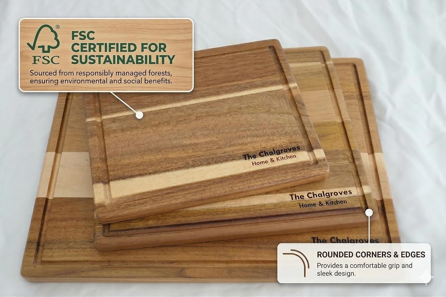 3pc Acacia Wood Cutting Board Set for Kitchen – 0.8” Thick Solid Wood Chopping Board with Juice Groove & Handles – Made in Indonesia & FSC Certified – Serving Trays for Charcuterie