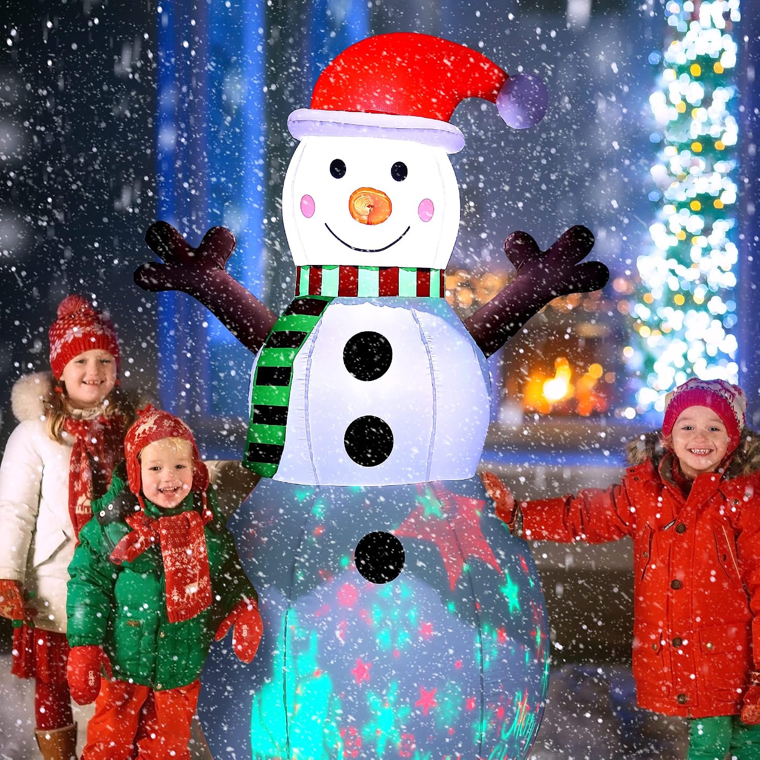 7ft Christmas Inflatable Snowman Decoration with Built in Music, Christmas Inflatables Blowup with Projector LED Lights, Xmas Holiday White Snowman Decor for Indoor and Outdoor Yard, Garden