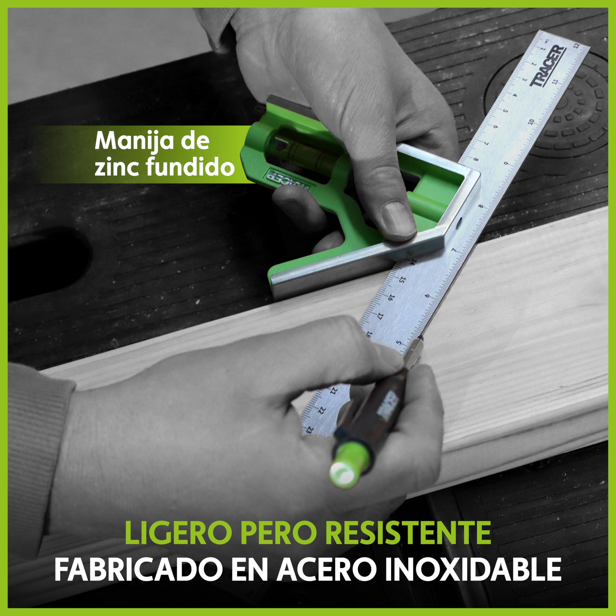 TRACER Combinación cuadrada de 300 mm. Herramienta de medición de 45/90 grados con nivel de burbuja integrado y herramienta de escritura. Escalas métricas e imperiales