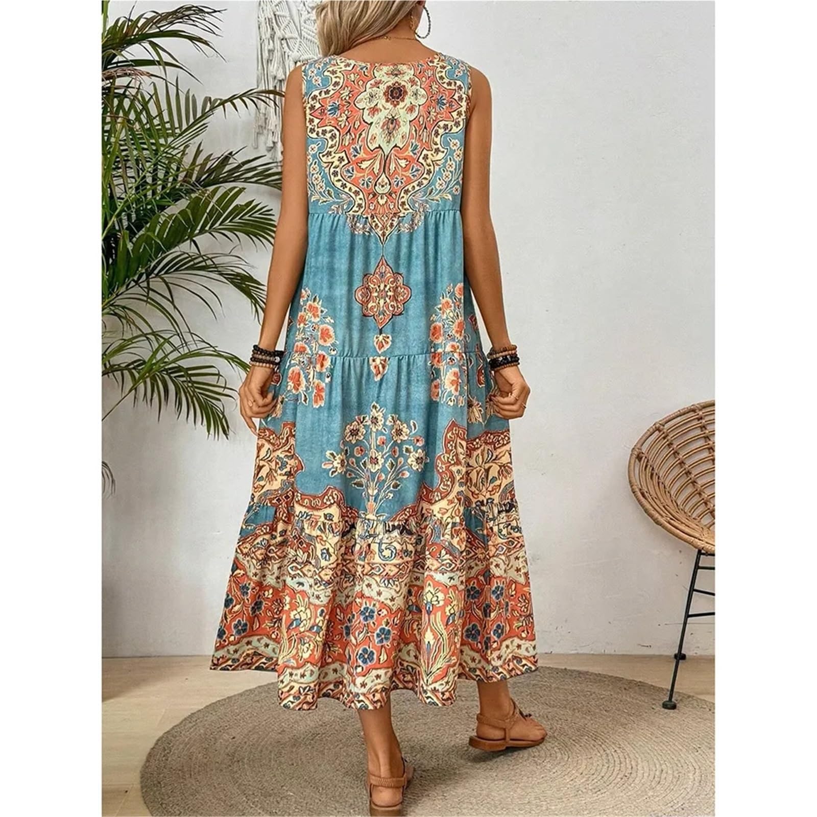 Vestido de Playa con Estampado Verano, Cuello Redondo, sin Mangas, for Mujer, Adecuado for Uso Informal o Vacaciones