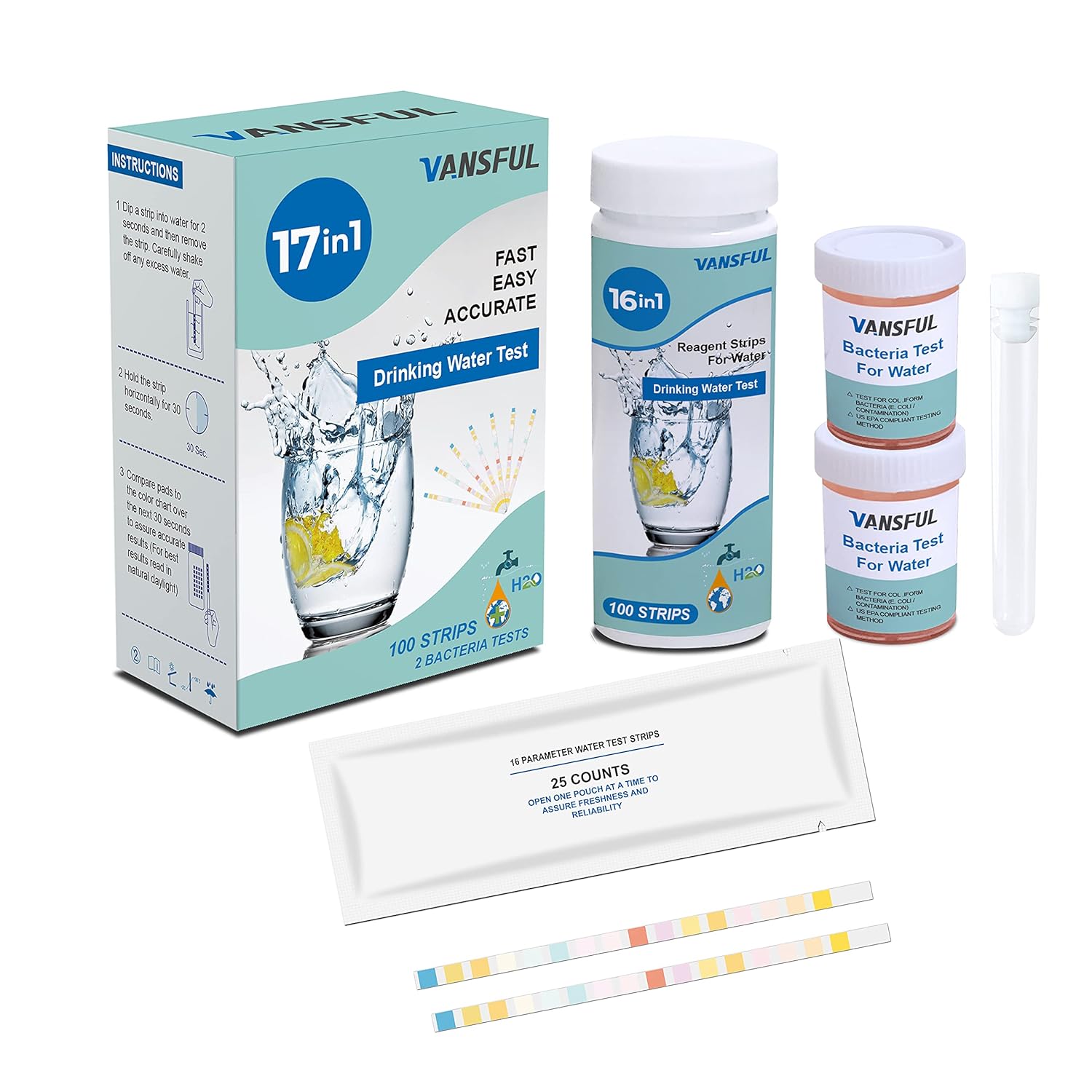 VANSFUL 17 in 1 Drinking Water Test Kit 100 Counts + 2 Bacteria Tests