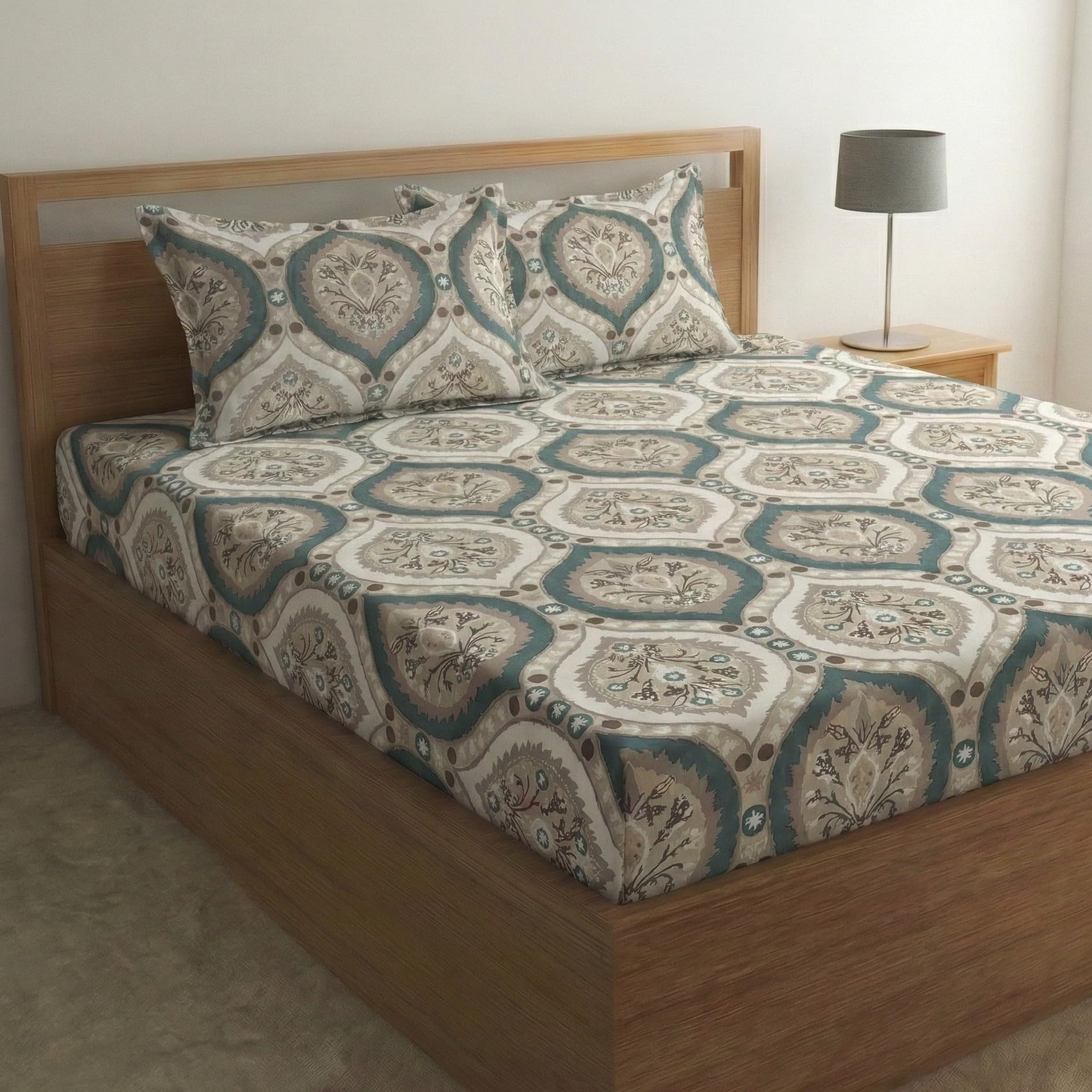 Home Sizzler Microfibre Floral Damask Print All-Around Elastic Fitted Double Bedsheet (72 x 78 Inches) with 2 Pillow Covers - Teal & Beige-image-30