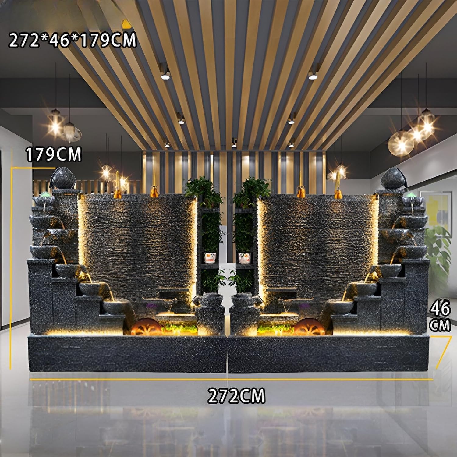 4.46 ft Luxury Elegant Faux Rock Fountain – Vintage Style Garden Home Villa Decor with LED Lights, Waterfall, Crystal Turning Beads, Relief Art for Gift or Decoration(136 * 46 * 79 CM+Pair)