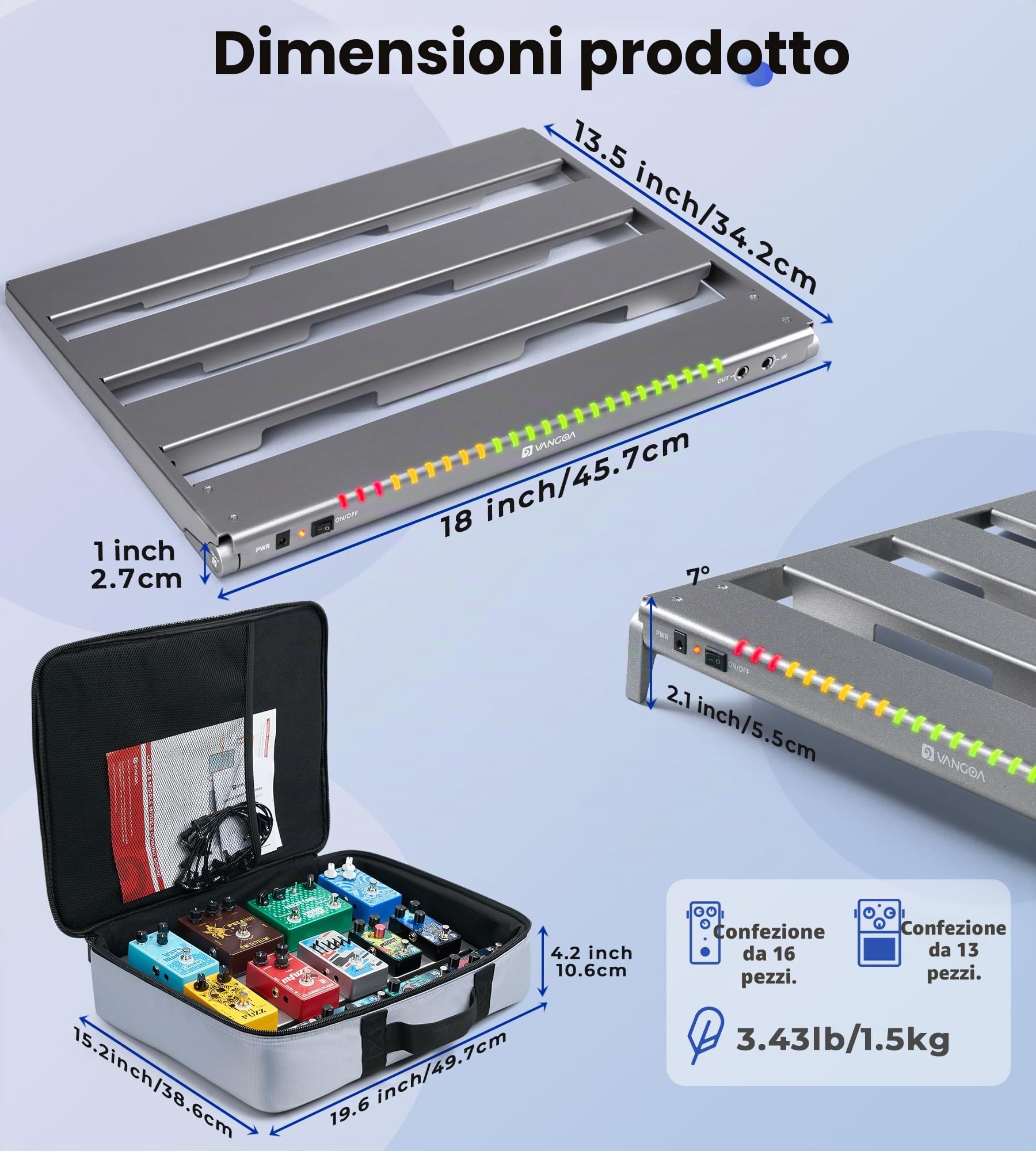 Vangoa Pedaliera per chitarra Pedalboard con Alimentatore Isolato,Incorporato PD-M in Alluminio, Piccola Pedaliera Portatile Pieghevole per Chitarra con Borsa per il Trasporto, Grigio