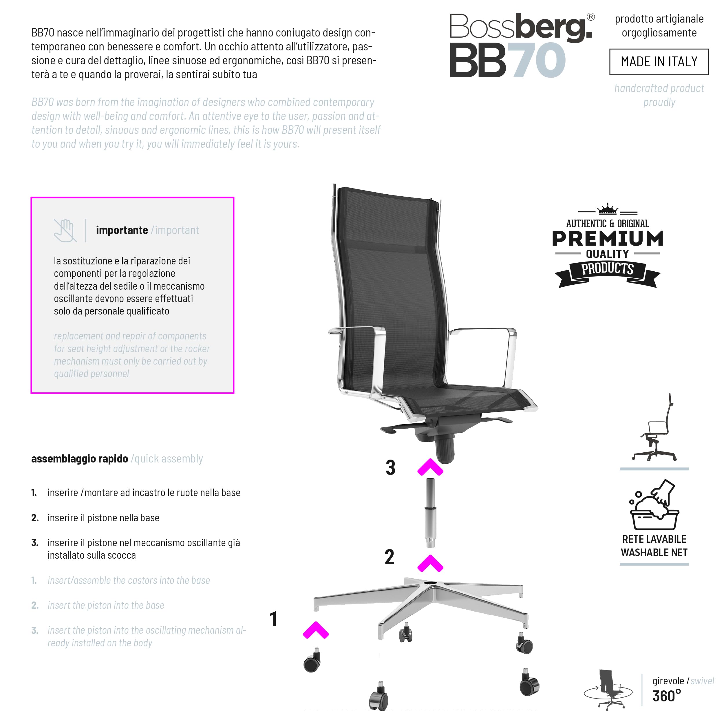Bossberg BB70 Sedia Ufficio Ergonomica Direzionale con Schienale Alto, Poltrona di Design in Rete Traspirante e Acciaio con Supporto Lombare per Studio Professionale - Cromata Nera
