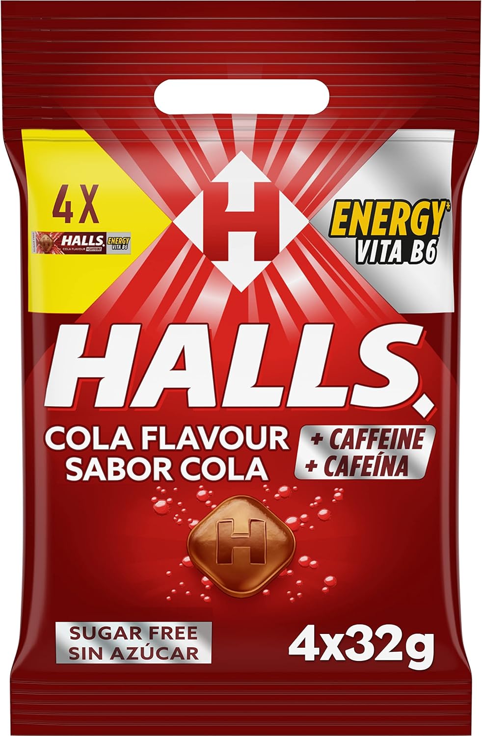 Halls Energy Caramelo Duro, Sabor Cola con Cafeína y Vitamina B6, 4 x 32g