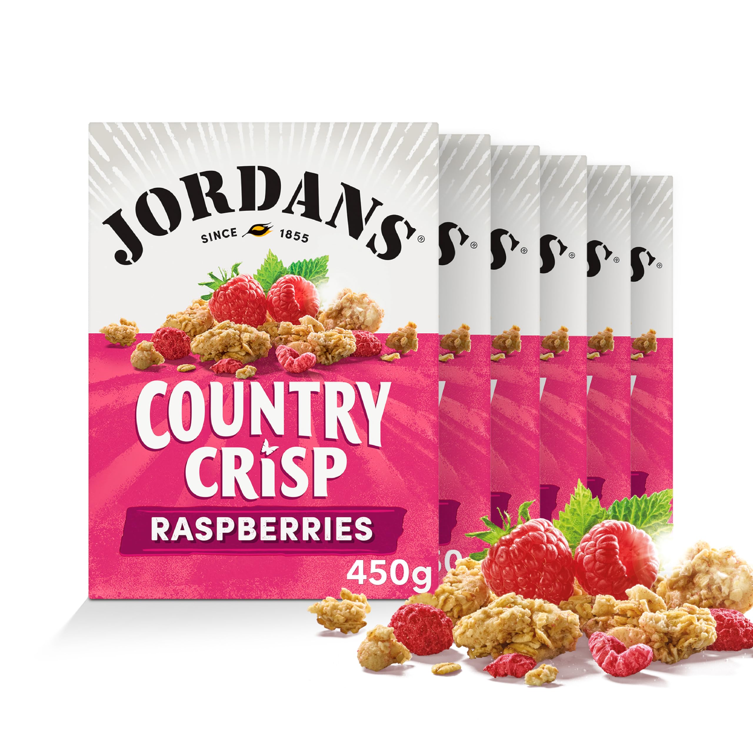 Jordans Country Crisp Raspberry Breakfast Cereal - Oat Clusters with Raspberries - No Artificial Flavours or Preservatives - British Baked Cereal - 450g (Pack of 6 x 450g)