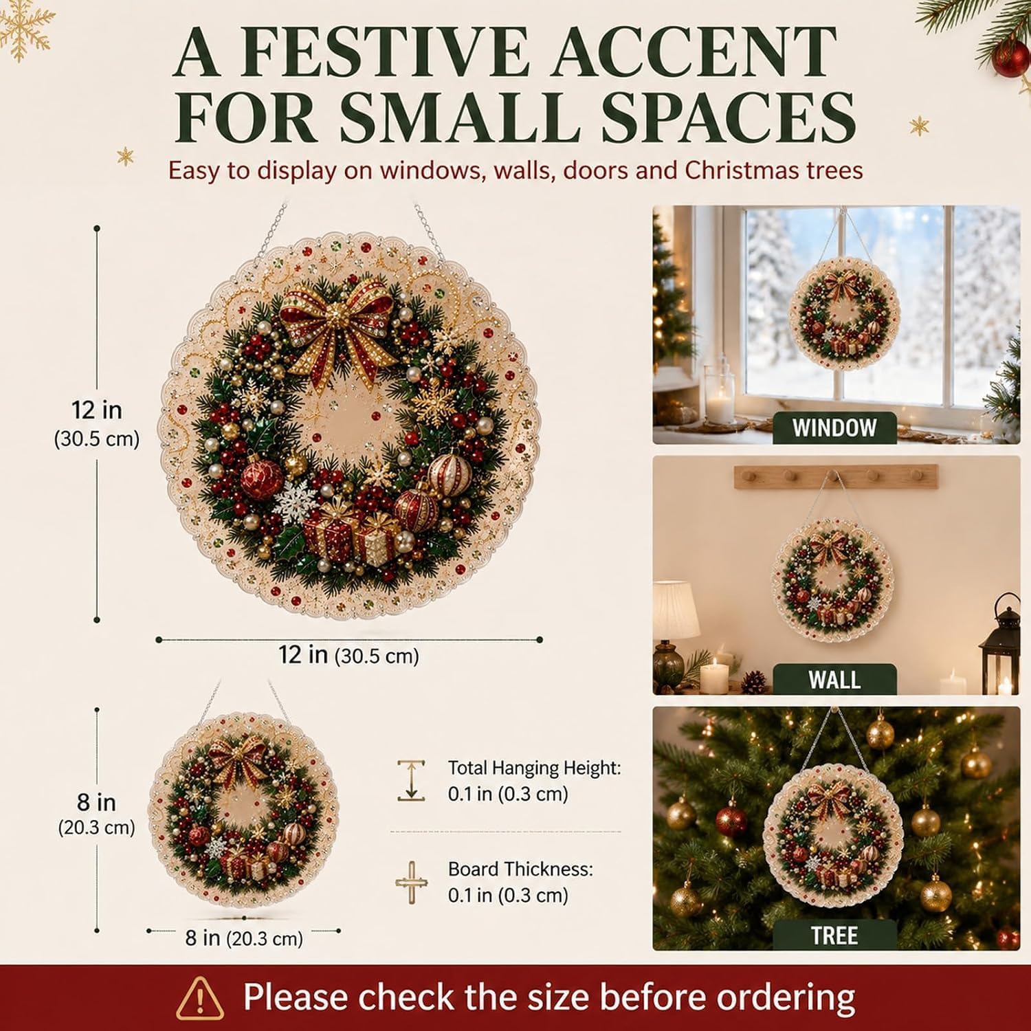 Christmas Pearl Diamond Painting Suncatcher Kit, DIY Craft Pre-Assembled Metal Chain, Acrylic Round Board with Lace Edge, 3D Mixed-Sized Pearl Beads Craft Window Wall Decor