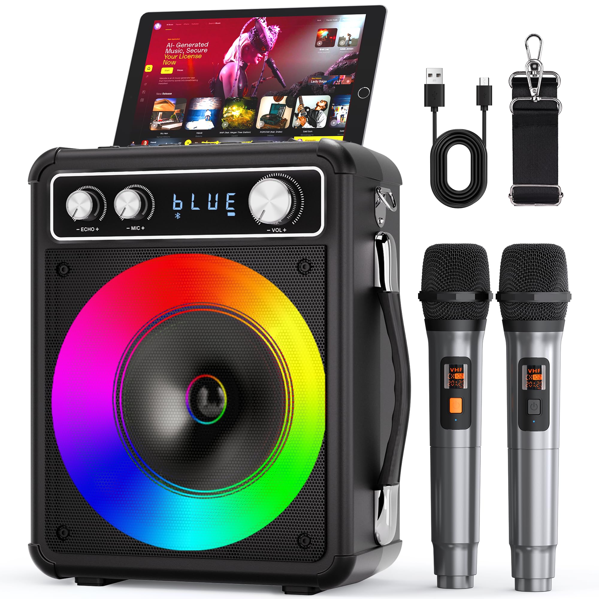 Karaoke Machine, Portable Bluetooth Karaoke Speaker with 2 Wireless Microphones, PA System for Adults Kids with LED Lights & Echo Adjustment, Supports TWS/TF/USB/AUX for Home Party