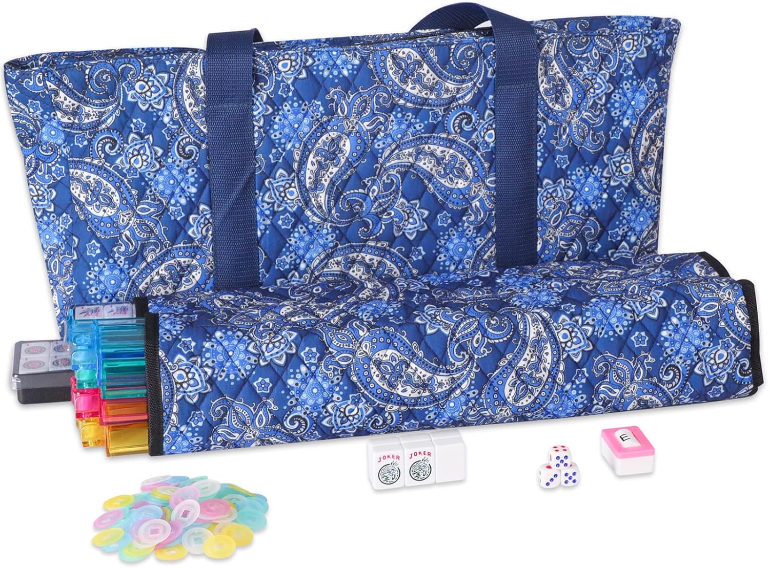 American Mahjong Game Set, Quality Blue Carrying Bag,166 Premium White Tiles,4 All-in-One Color Rack/Pushers,100 Chips,1 Wind Indicator,Western Mahjongg Set,Complete Ma Jong Set with English Manual Mahjong With Blue Paisley Bag