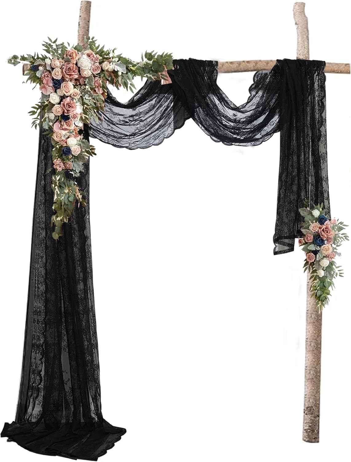 Romatic Lace Embroidery Window Scarf Sheer Curtain 144 Inch Long for Wedding/Ceremony Floral Window Treatment Swags Drapes Light Filtering Luxury Party Decora 1Panel (W57 X L144 Inch,Black)