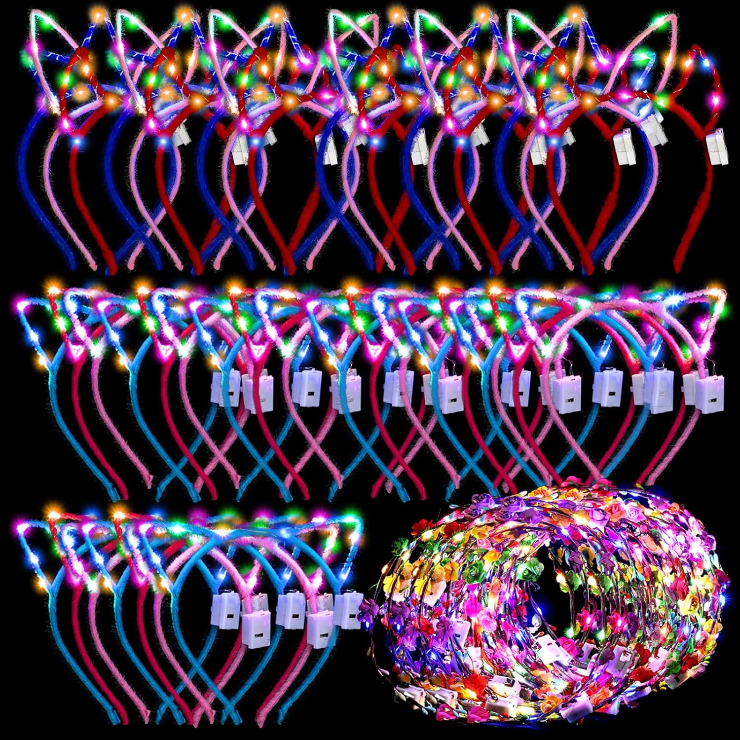 50 Pcs Led Cat Ear Headbands Bulk, Light up Flower