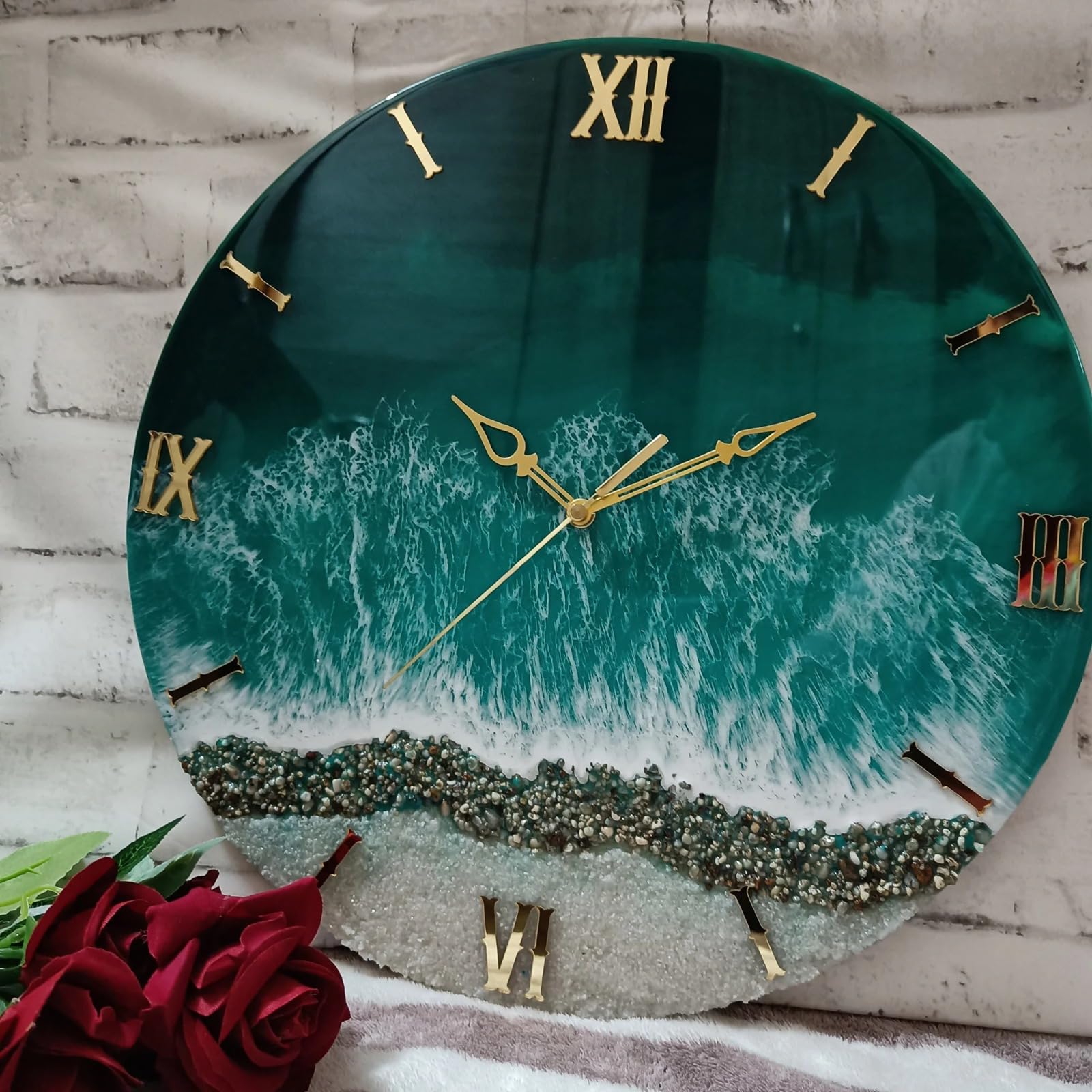 Handmade Resin Wall Clock with Roman Numerals – Luxury Marble Effect Designer Wall Clock with Gold Finish, Silent Quartz Movement, Modern Home & Office Décor (Sea Green)-picture-21
