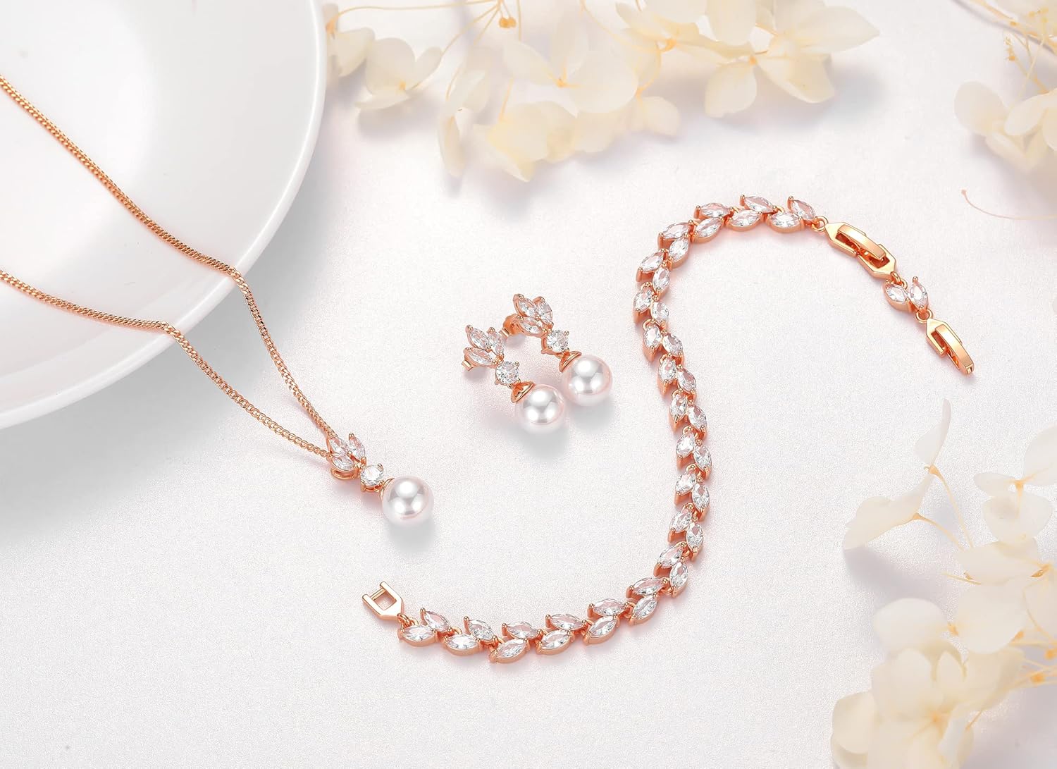 Wedding Jewelry for Bride Bridesmaid, Pearl Dangle Earrings and Pendant Necklace Set Bridal Jewelry for Promise Wedding Party