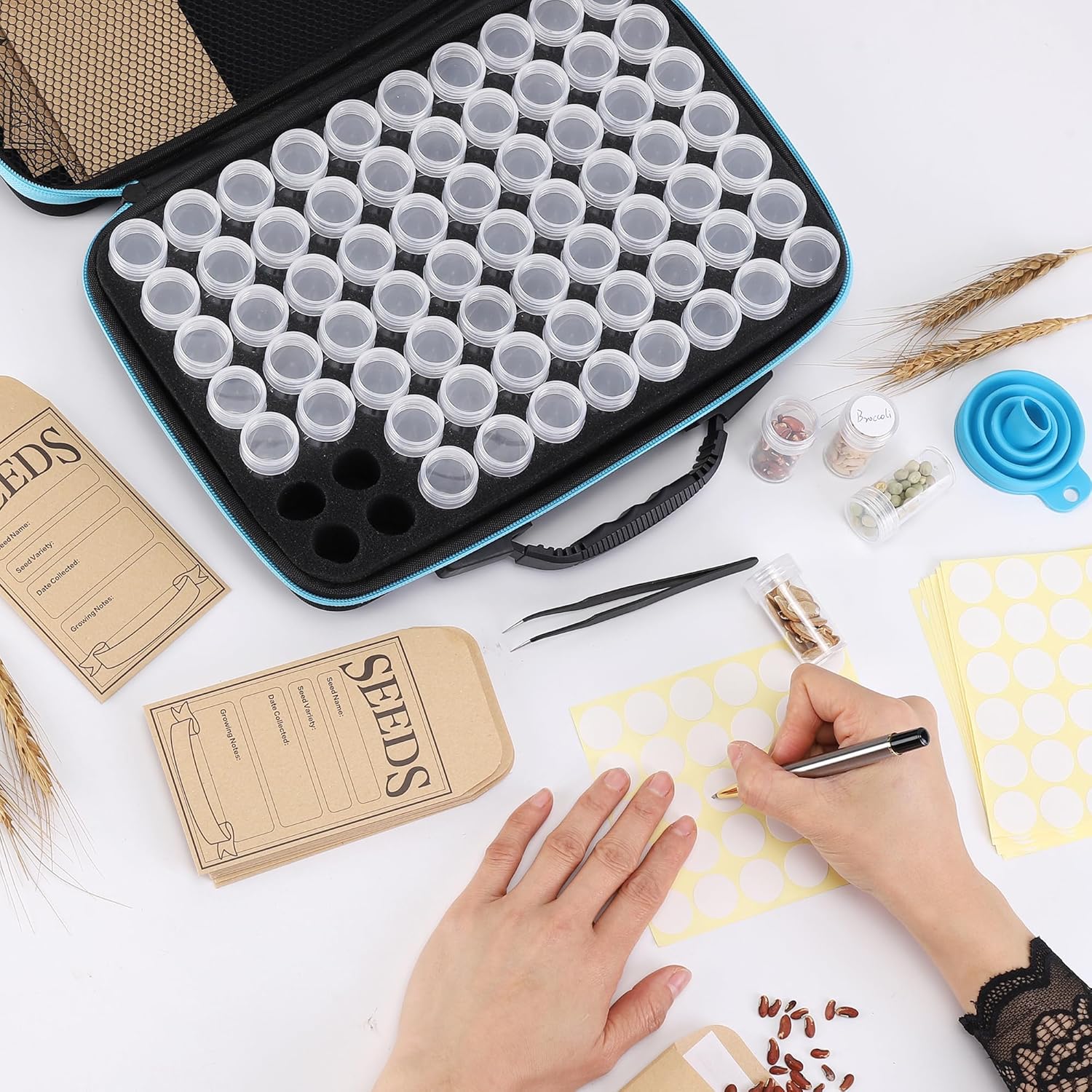 70 Slots Seed Storage Organizer, Garden Seeds Saver kit Seed Organizer with 20 Seed Envelopes, Write Label, Funnel, Tweezer for Flower Plants Vegetable Seed Saving (Seeds not Included) - Image 5